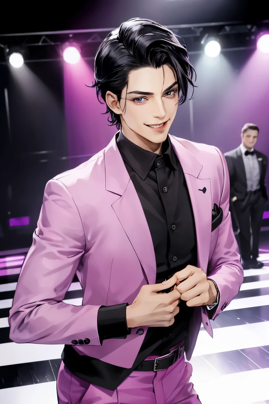 ((Best quality)), ((masterpiece)), (detailed), perfect face, a guy with black hair and purple eyes in a bright pink jacket and a black shirt stands on the dance floor and smiles