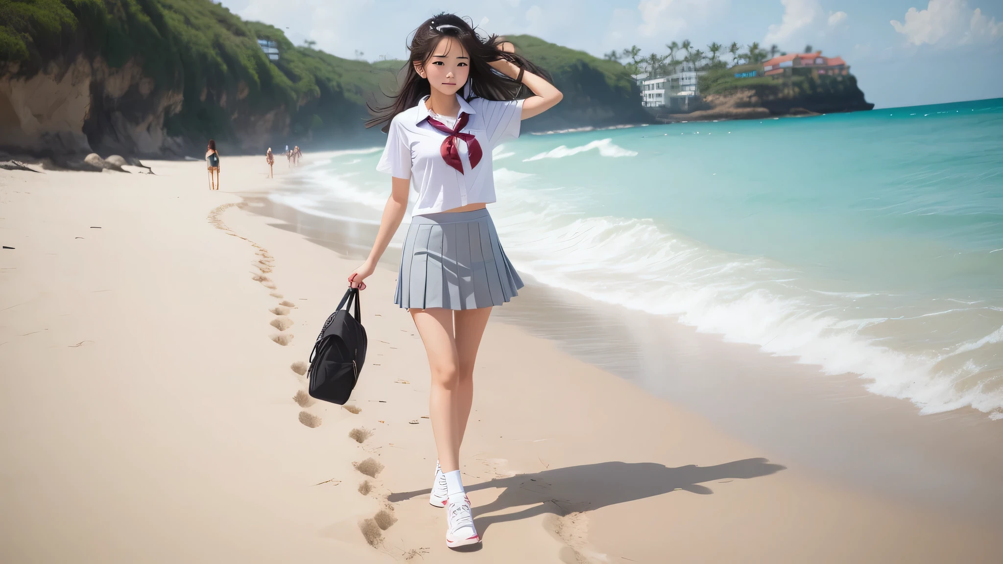 A high school girl walking on the beach、Side Up、Sexy hairstyle、Grey pleated skirt