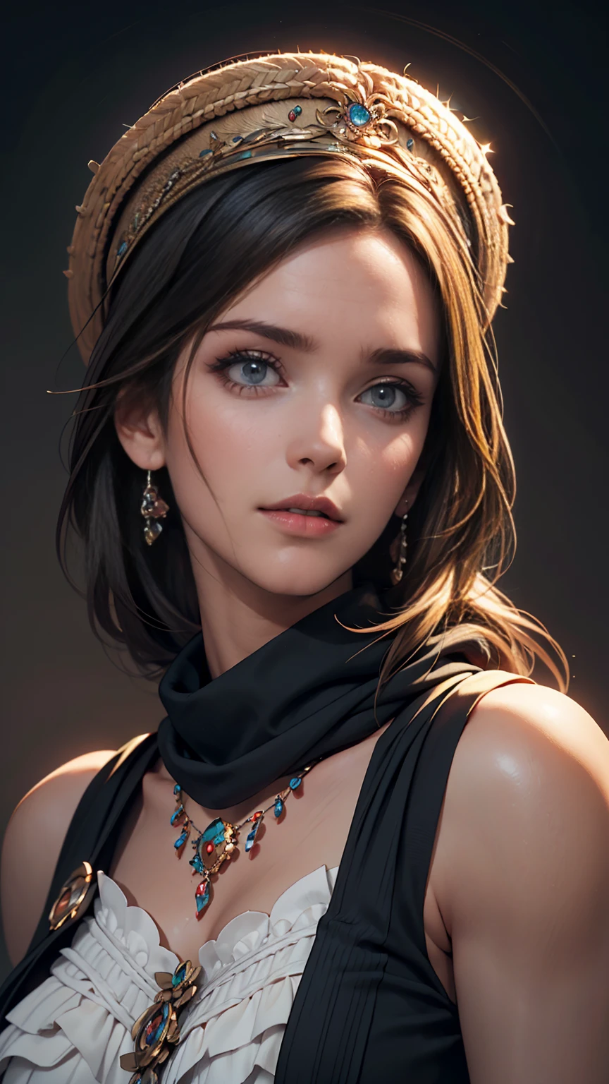 Arabian woman with long hair wearing hat and scarf, Realistic Digital Art 4K, Realistic Digital Art 4K, Soft Portrait Shot 8k, photoRealistic art style, photoRealistic beautiful face, Cinematic realistic portraits, Beautiful digital art, Realistic beautiful face, Realistic art style, 3d rendering character art 8k, Beautiful realistic face, Amazingly realistic graphics