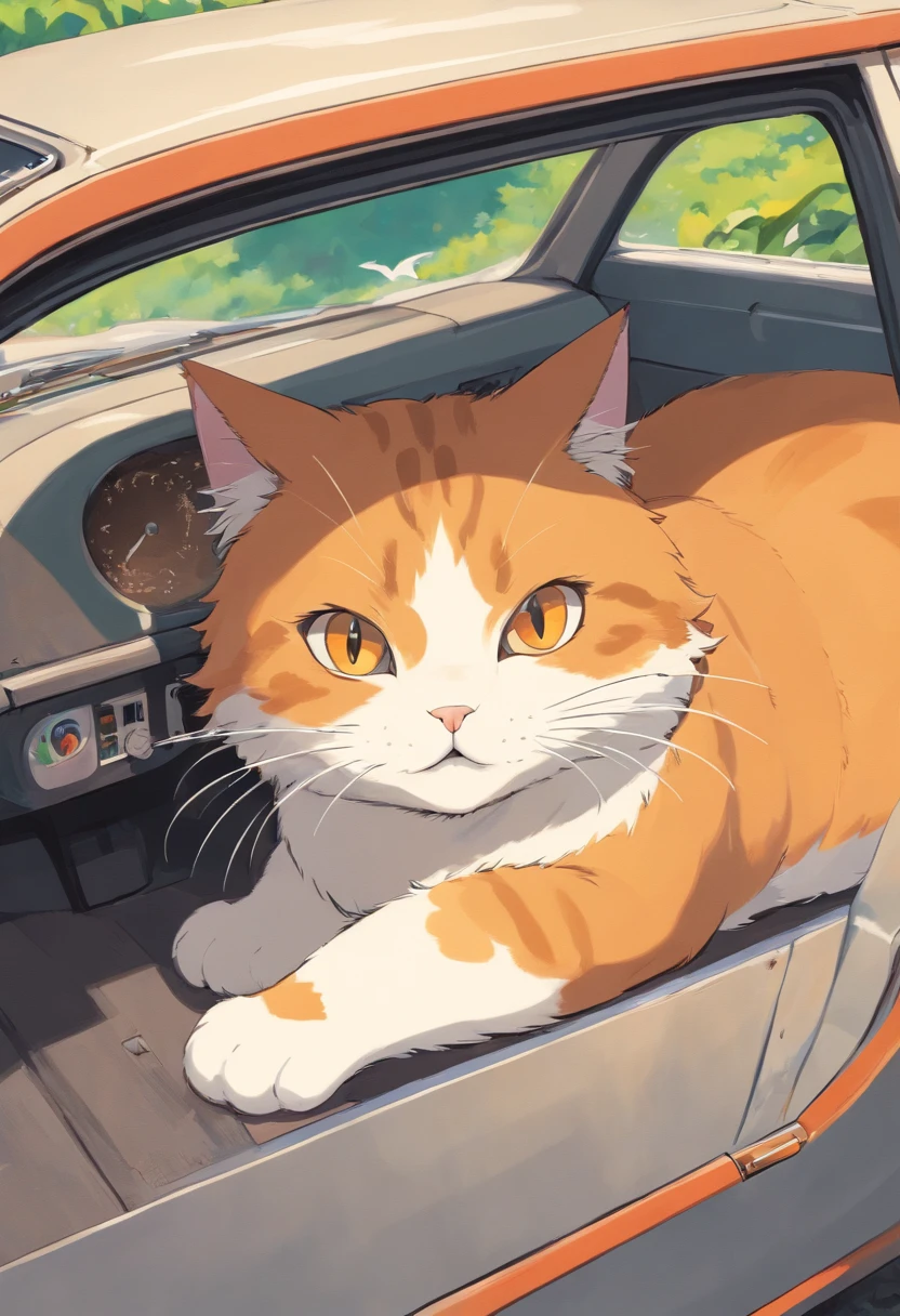 gato cinza com manchas pretas, em cima do capo de um carro prata, com rodas laranjas