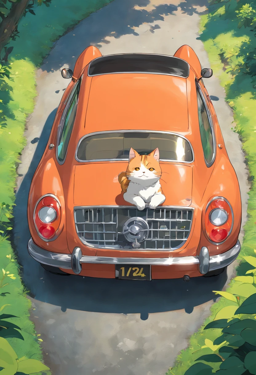 gato cinza com manchas pretas, em cima do capo de um carro prata, com rodas laranjas