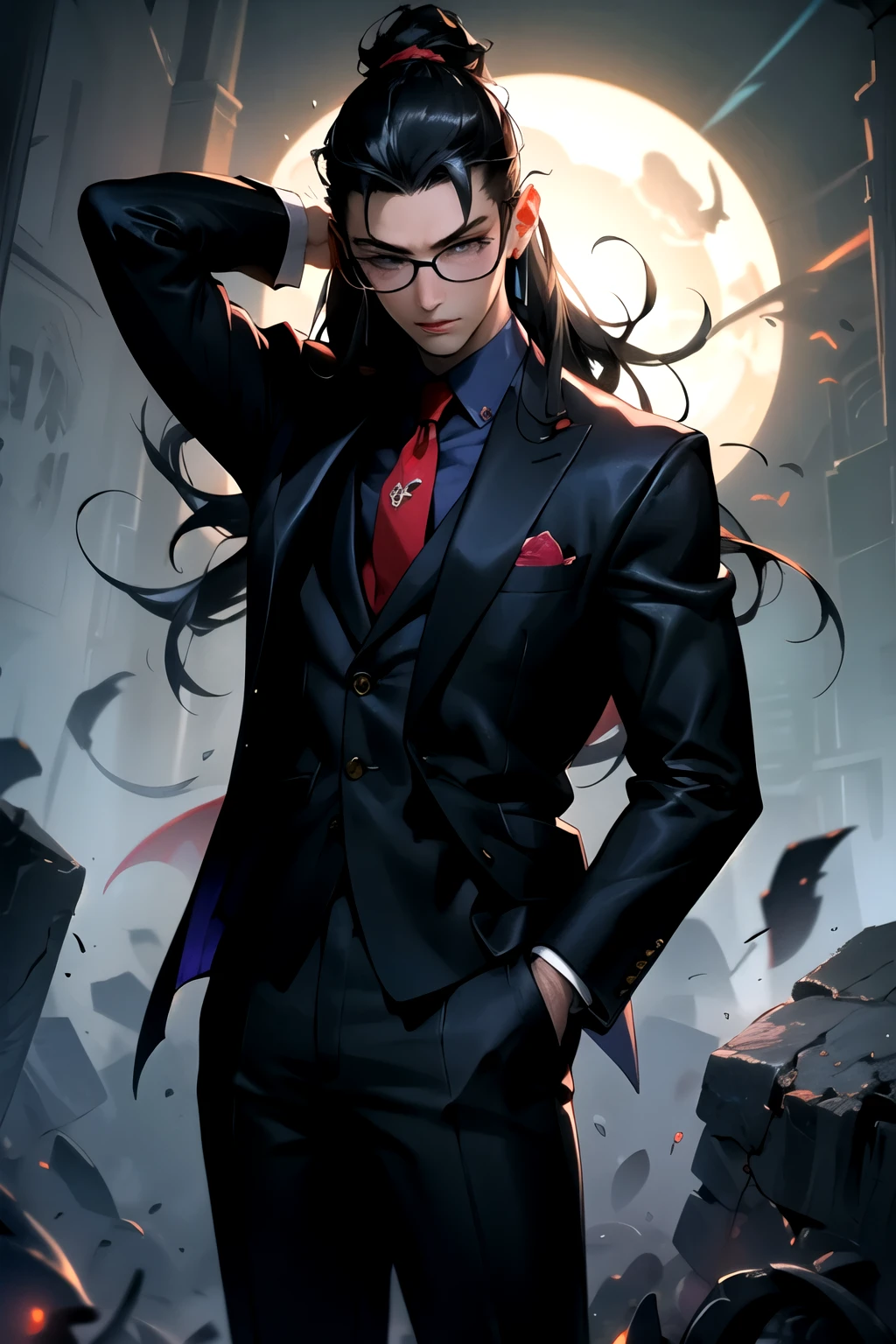 best quality, high resolution, vampire, Wear glasses, Dark tones, man, half body, Long hair tied up, suit, darkness, black hair, cool