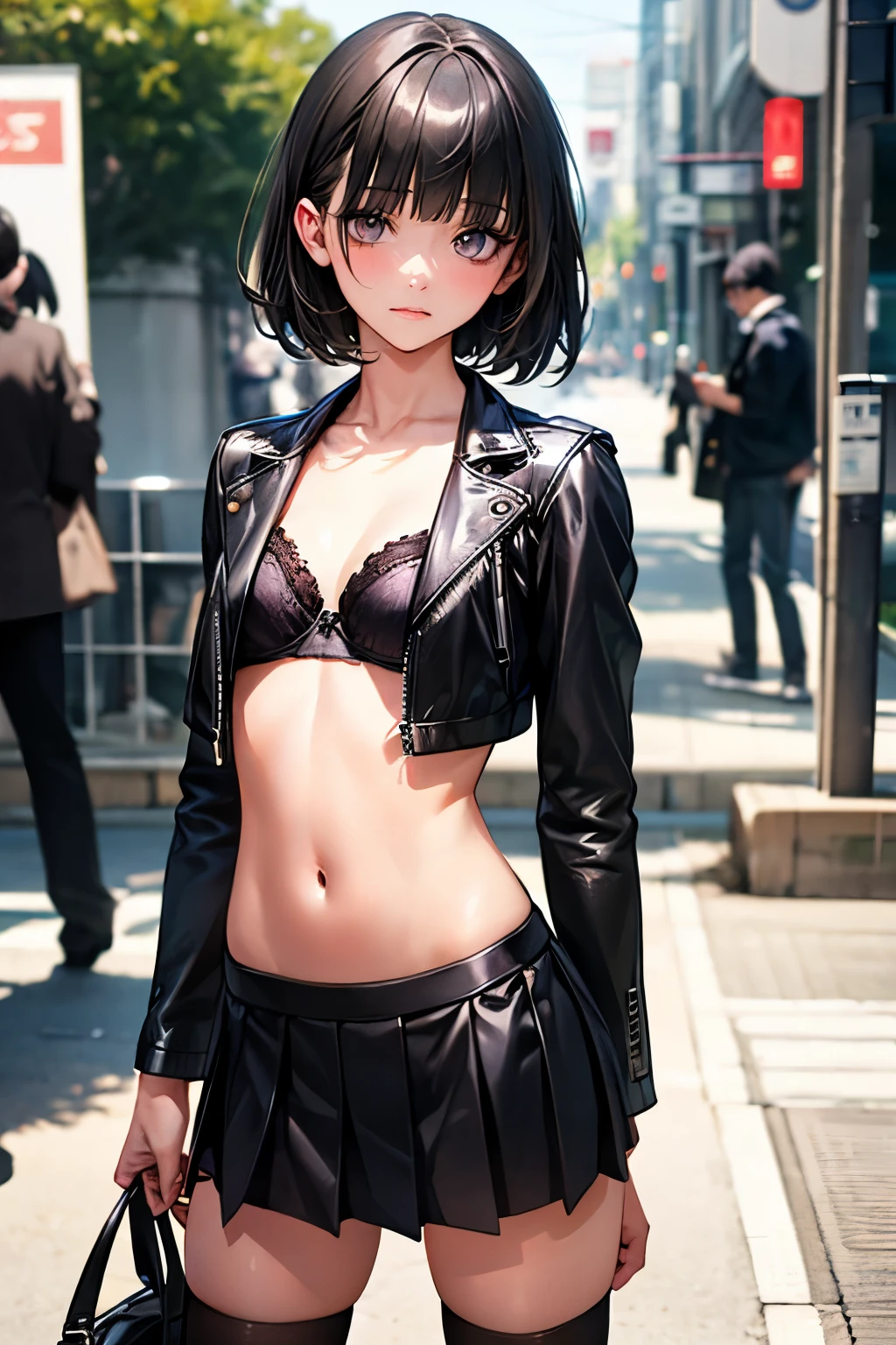 ((perfect ???????,realistic:1.4,RAW Photography:1.4,masterpiece、highest quality、Ultra - High resolution、High resolution、Highly detailed CG、8K)),cowboy shot,1 female,solo,18 year old beauty,Japanese,((beautiful detailed face and eyes:1.3,big gorgeous eyes:1.3,gray eyes)),black hair,short bob hair,blunt bangs,shy,(medium breasts,slender body,small head:1.3,skinny),(gleaming skin,shiny skin),Black leather jacket、Black Bra、navel、pleated mini skirt、black_thighhighs、on street,Tokyo、