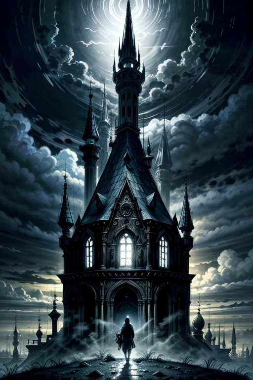 highres,ultra-detailed,realistic:1.37,dark fantasy,gothic style,(Bearer of the curse),(Seek souls. Larger, more powerful souls.),(Seek the king, that is the only way.),(Lest this land swallow you whole. As it has so many others),medium:oil painting,dark and mysterious atmosphere,desolate landscape,majestic castle in the distance,cold and foggy weather,gloomy and haunting ambience,ruined statues and broken architecture,ominous shadows and silhouettes,dramatic and dynamic lighting,vivid and intense colors on the castle,mysterious and magical glow around the protagonist,eyes with a hint of glowing blue,decaying and overgrown vegetation,ragged and worn clothing,grave expression on the protagonist's face,ancient symbols and runes,whispers of lost souls