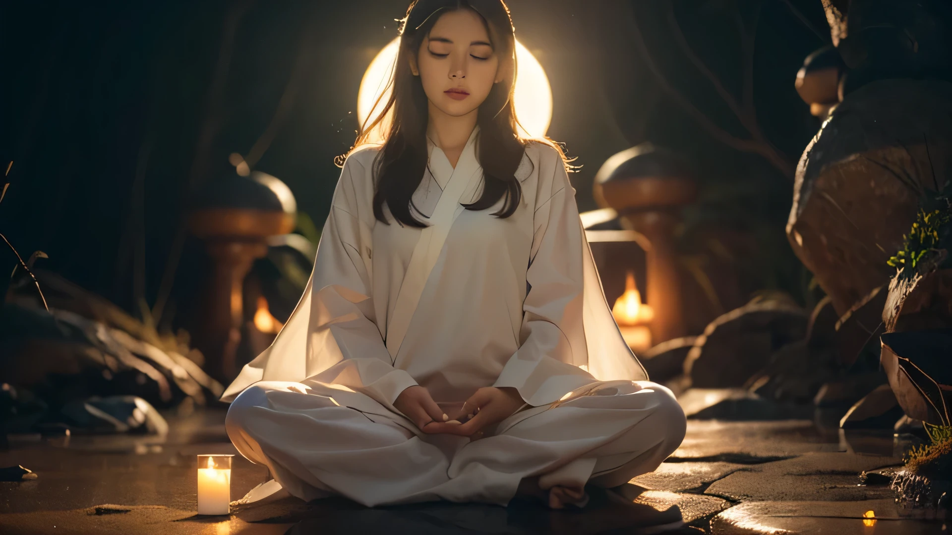 Woman doing yoga meditation on rocks near lake，meditation pose，Zen meditation，8k，beautiful art work，Anime style，4 k，calm，Moon Goddess，Gwaites-style artwork