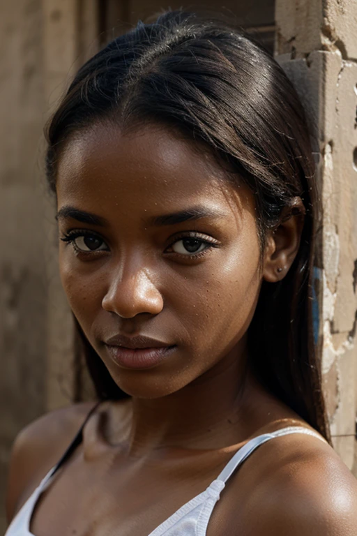 A realistic photo shot of a head face , 19 year old girl who has  bright blue eyes. Her look could be a black skin beauty of Sudan girl. 