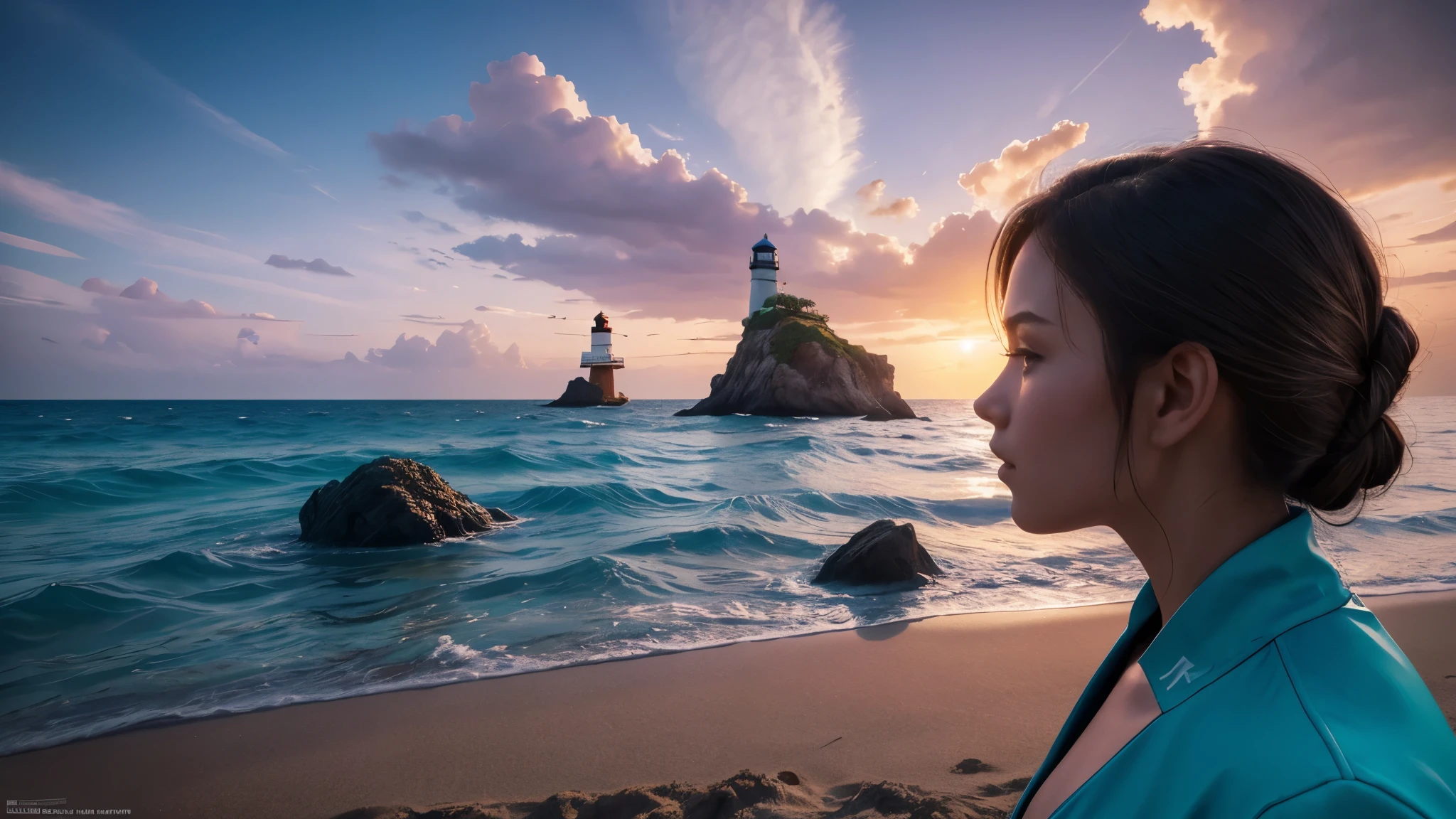 masterpiece, sea on an alien planet, fantastic sky of purple shades, comet crosses the sky, The turquoise sea washes the white sand beach, a beautiful brown-haired girl in a sci-fi space blue jumpsuit sits on the seashore and dreamily looks into the distance, Shells, sailing ship, lighthouse on the rock, ultra realistic art, detailing, depth of light and shadow, work Grega Rutkowski, digital art, trending on Artstation, 16 k