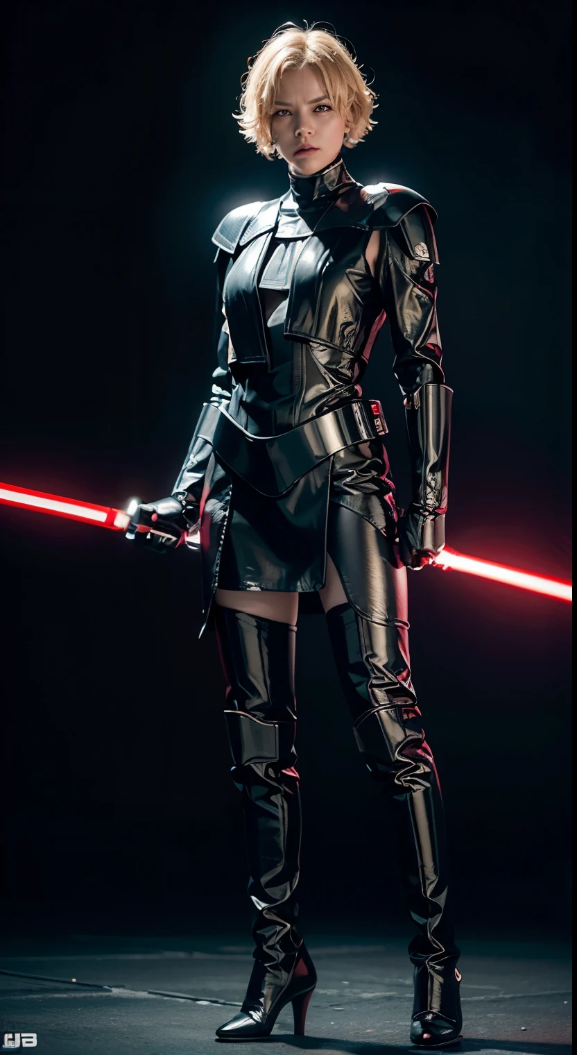 15 years old, short bobcut blonde hair, fierce expression, sith lord from star wars, wearing dark armor, holding a long red lightsaber, modelling pose, full body view, Ultra high res, uhd, (photorealistic:1.4), menacing face tattoo