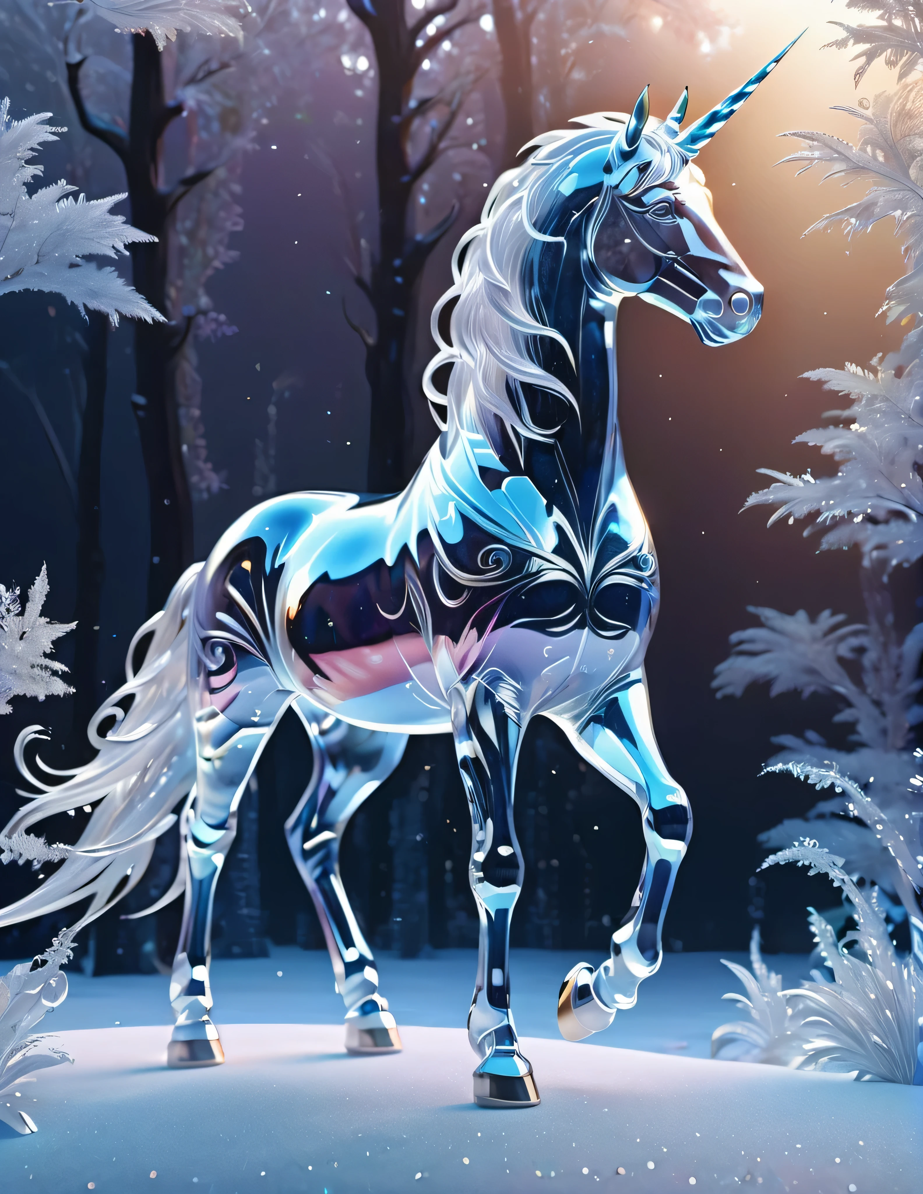 transparent ice unicorn, elaborately designed, (long legs), drkfntasy, gleam, ultra realistic, extremely detailed CG unity 8k wallpaper, masterpiece, best quality