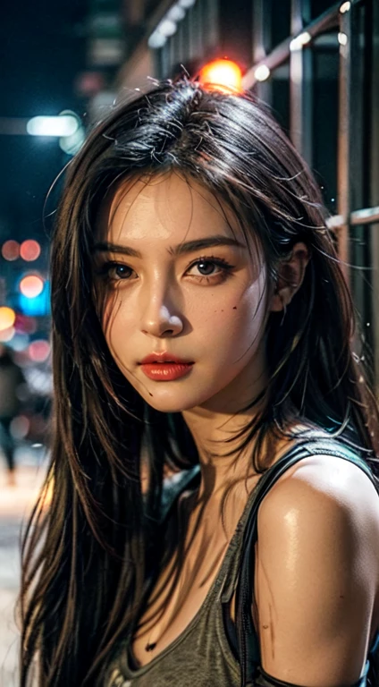 Woman wearing post-apocalyptic outfit, Apocalyptic scene behind, best quality, long hair, detailed face, Looking straight at the camera