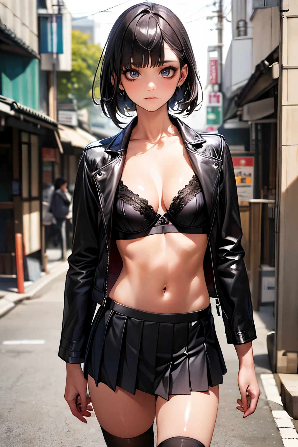 ((perfect anatomy,realistic:1.4,RAW Photography:1.4,masterpiece、highest quality、Ultra - High resolution、High resolution、Highly detailed CG、8K)),cowboy shot,1 female,solo,18 year old beauty,Japanese,((beautiful detailed face and eyes:1.3,big gorgeous eyes:1.3,gray eyes)),black hair,short bob hair,blunt bangs,shy,(medium breasts,slender body,small head:1.3,skinny),(gleaming skin,shiny skin),Black leather jacket、Black Bra、navel、pleated mini skirt、black_thighhighs、on street,Tokyo、
