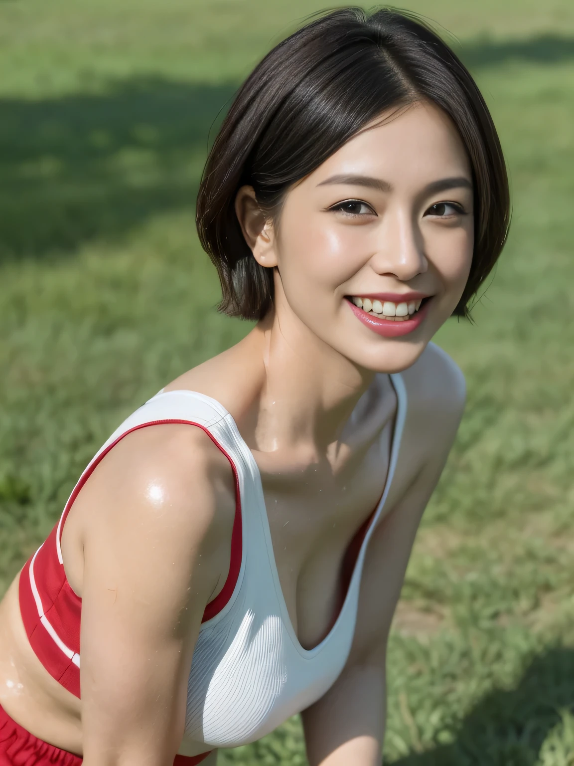 One Mature Woman、38 years old、Japanese,Looking at the audience,(Wear a sports bra）、（With uniform number）、(Standing on the grounds of a soccer field), Shining Face,Shiny skin,Shortcuts,Black Hair,Red Mouth,clavicle,Beautiful fingers,Full body portrait,  short hair, Bobcut, 8k, Super Detail, highest quality, Sweaty skin, Anatomically correct, masterpiece , highest quality,  Use perspective throughout , Surrealism , ,(Realistic:1. 3),(RAW Photos) , Black Hair, light smile, short hair, Bobcut, Anaglyph, Stereogram, (Mature Woman:1), (38 years old), ((close:0.5)), Glare, double eyelid, Lip gloss, (smile:1), ((close your eyes:0.85)), Red Mouth, clavicle, ((View your viewers)), (short hair of reddish-brown color wet and shiny,), (The whole body is visible) , Slightly thick body type , Wide-eyed , Perfect round eyes , Fine texture 、（Beautiful teeth alignment）、（smile：1.3）,Japanese,big breasts,Big Ass,G-cup breasts,Beautiful fingers,highlight big breasts