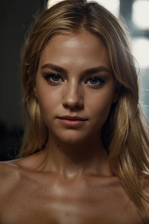 cinematic shot, ultra realistic portrait of a 1beautiful blond haired woman with grey fox-eyes, black eyeliner, looks over at viewer, natural skin, hyper detail, cinematic lighting, accurate anatomy