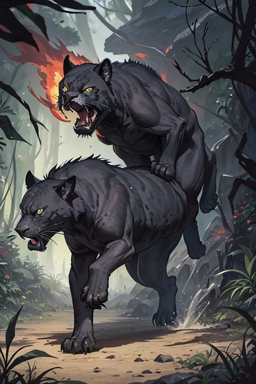gnarly enraged strong black jaguar running in a lush rainforest