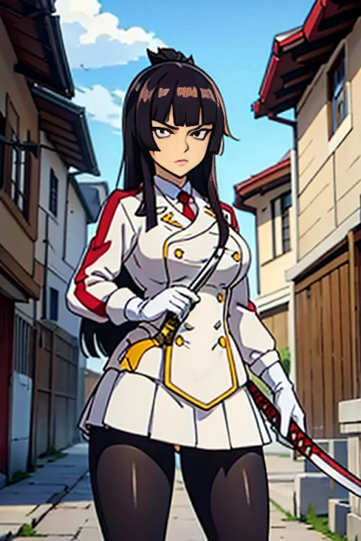  1girl, solo, Kagura_Mikazuchi, skirt, large breasts, gloves, jacket, jacket, pantyhose, pleated skirt, white gloves, miniskirt, blunt bangs, uniform, black pantyhose, military, military uniform, buttons, frown, white jacket, white skirt, serious, hime cut, double-breasted. Holding traditional samurai katana sword. Her gaze is both alluring and fierce, as she holds the sword with a delicate yet deadly grip.