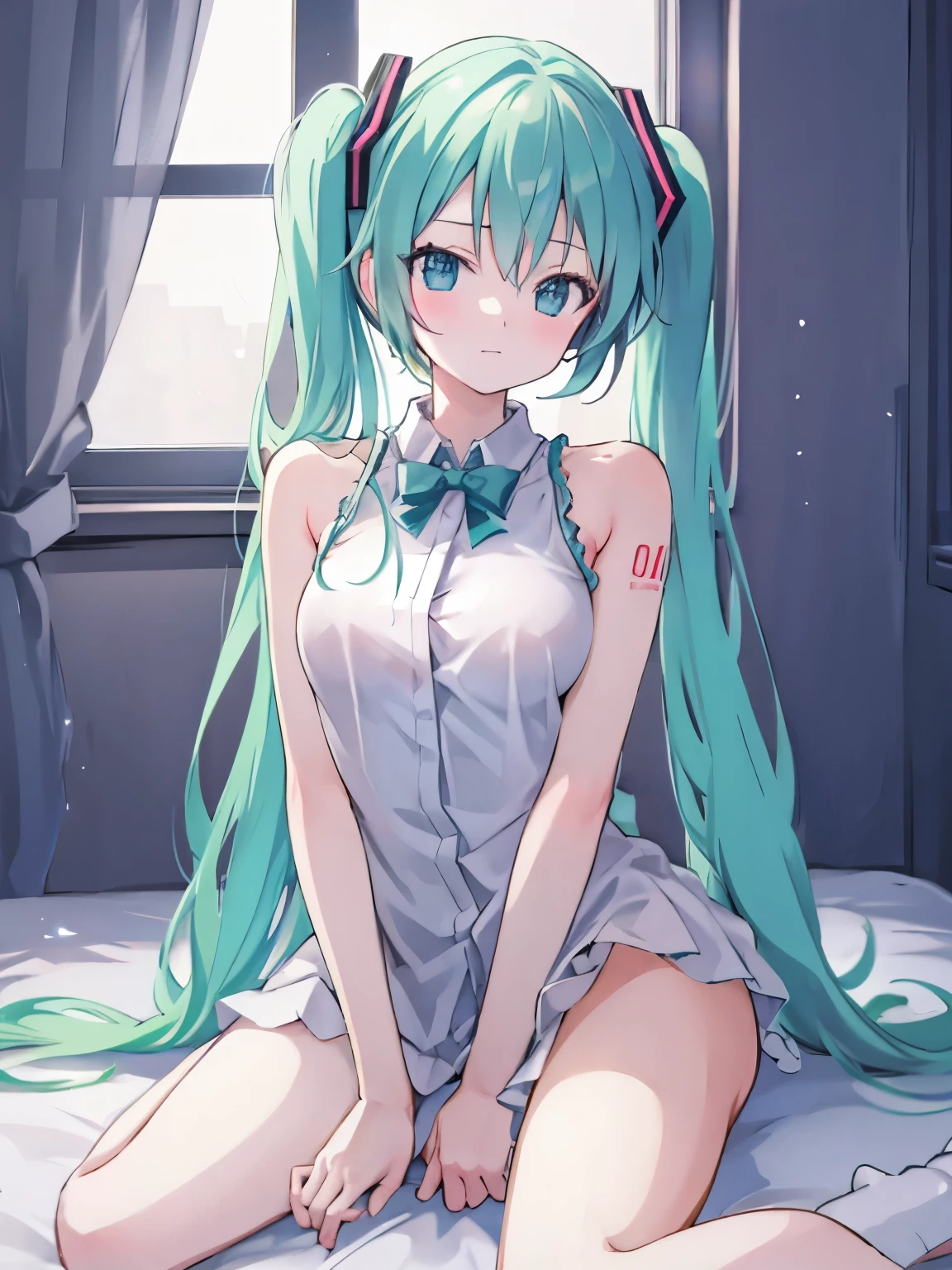 Hatsune miku sitting on a bed, thick thighs, smooth skin, warm lighting, NSFW, sex