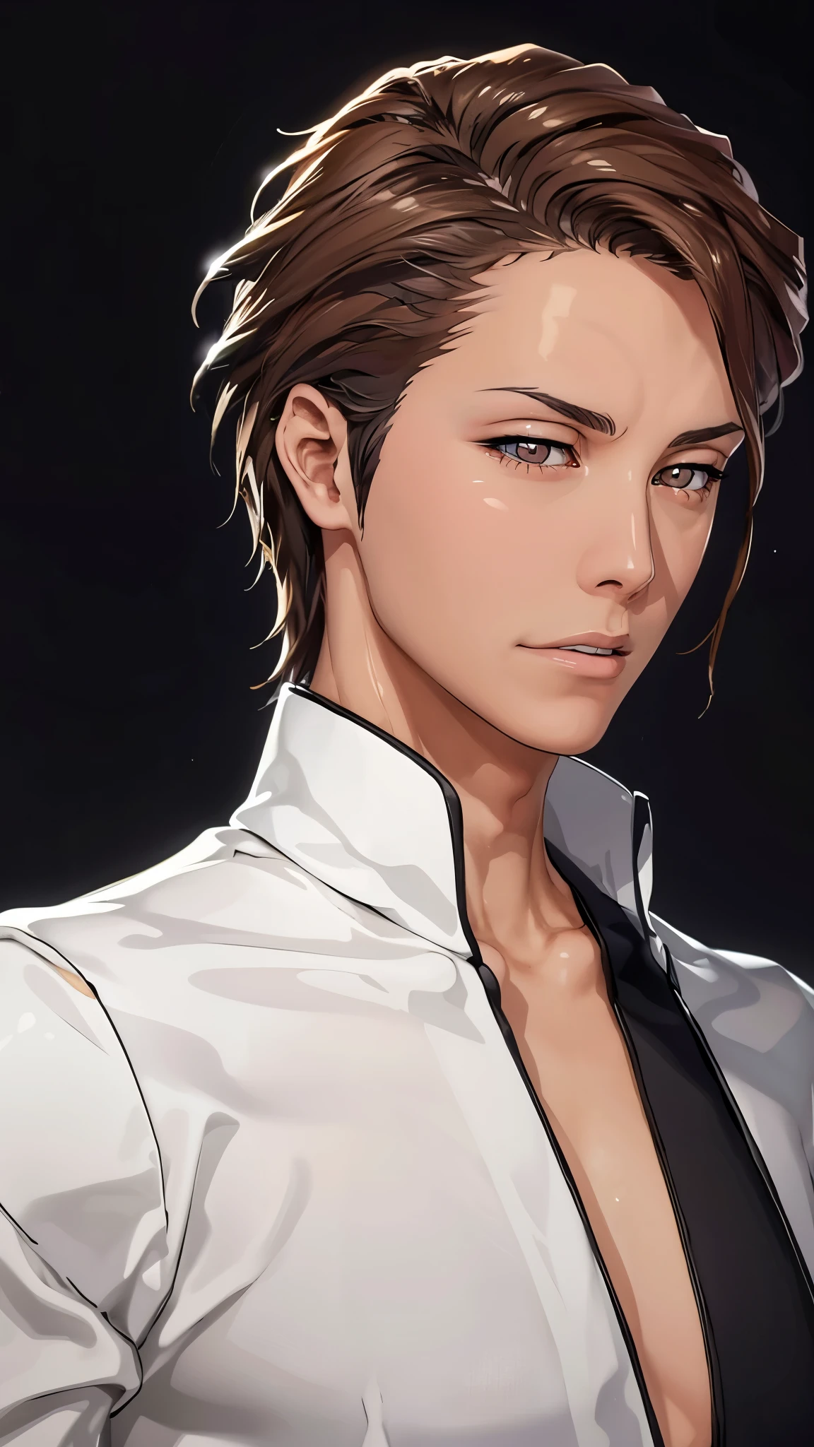 （（（完美figure，figure，man，solo，（（（White clothes，white coat，）））， （（（Aizen，Brown short hair, brown pupils,））），((masterpiece)),high resolution, ((Best quality at best))，masterpiece，quality，Best quality，（（（ Exquisite facial features，Looking at the audience,There is light in the eyes，(（（lol，confidence））)，））），型figure:1.7））），（（（Light and shadow，））），（（（Looking at the camera，black background，）））