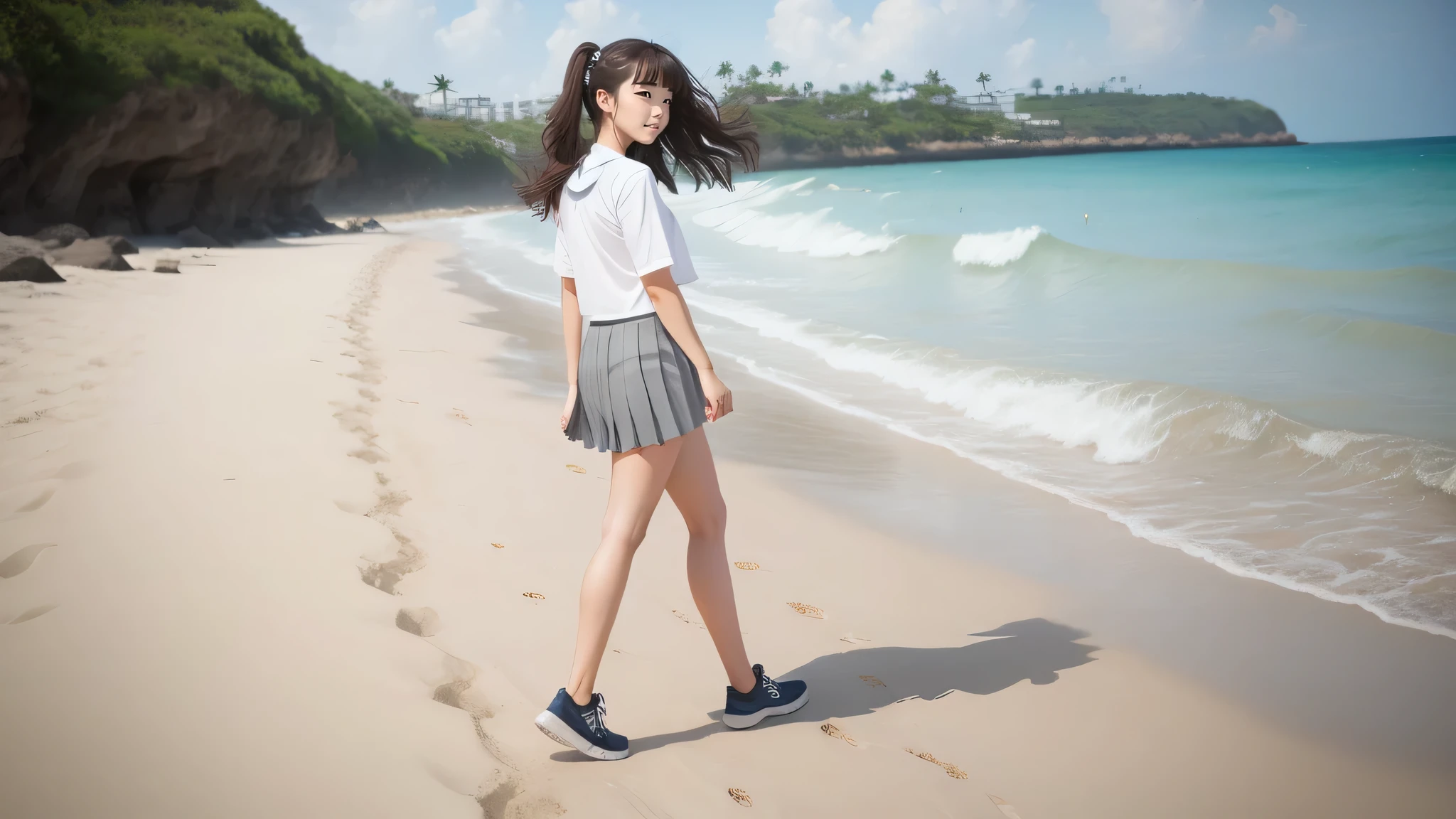 A high school girl walking on the beach、Side Up、Sexy hairstyle、Grey pleated skirt