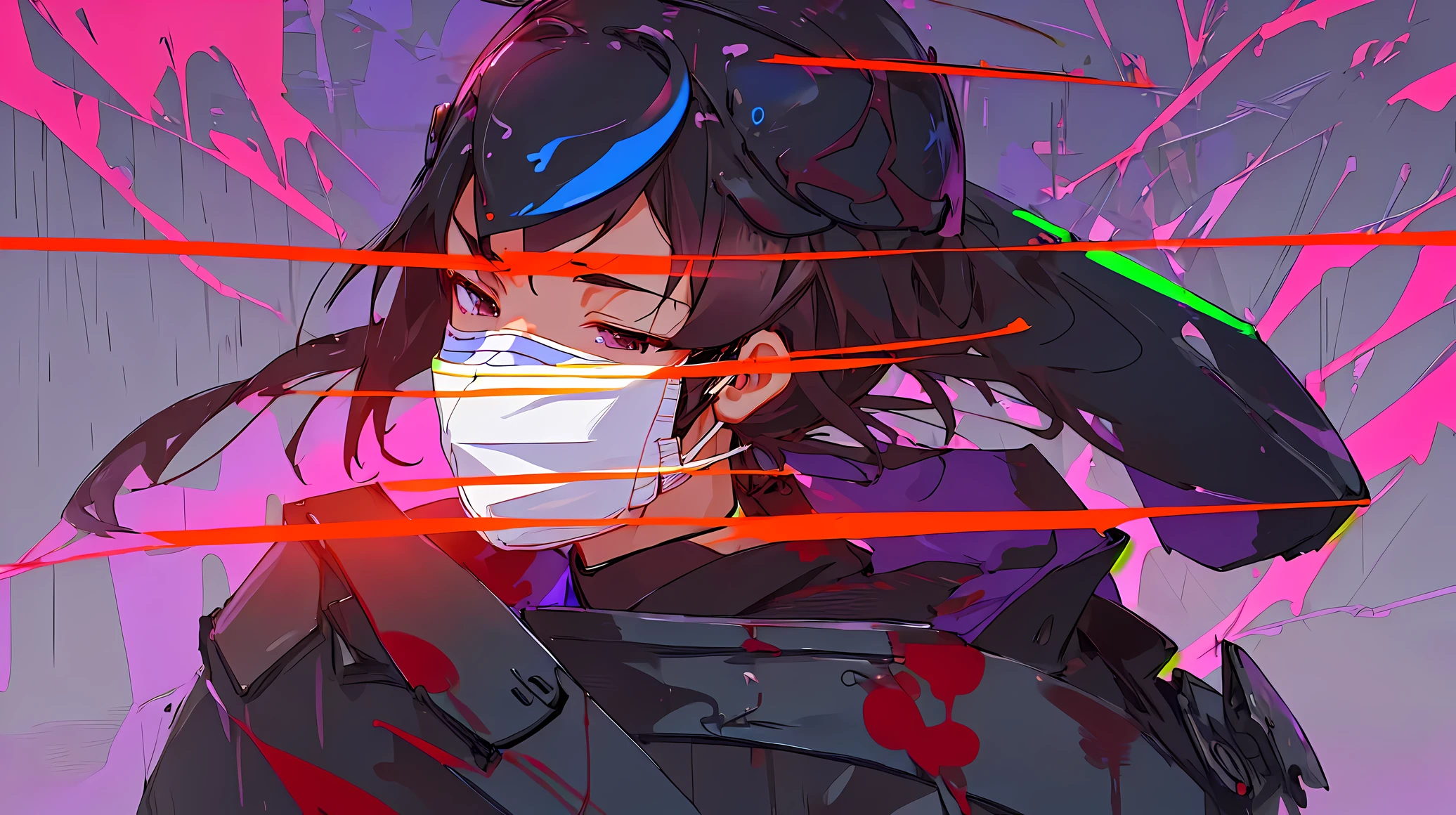 ((Samurai)), icon, One, half of the body, helmet, armor, ((face mask)), neon background, purple backdrop, it's raining, the colors are floating, Neon, art, Флюид art, ((Japan)), ((4K resolution)), ((Anime)), empty background, paint floating on the walls, circle on background, ((blood))