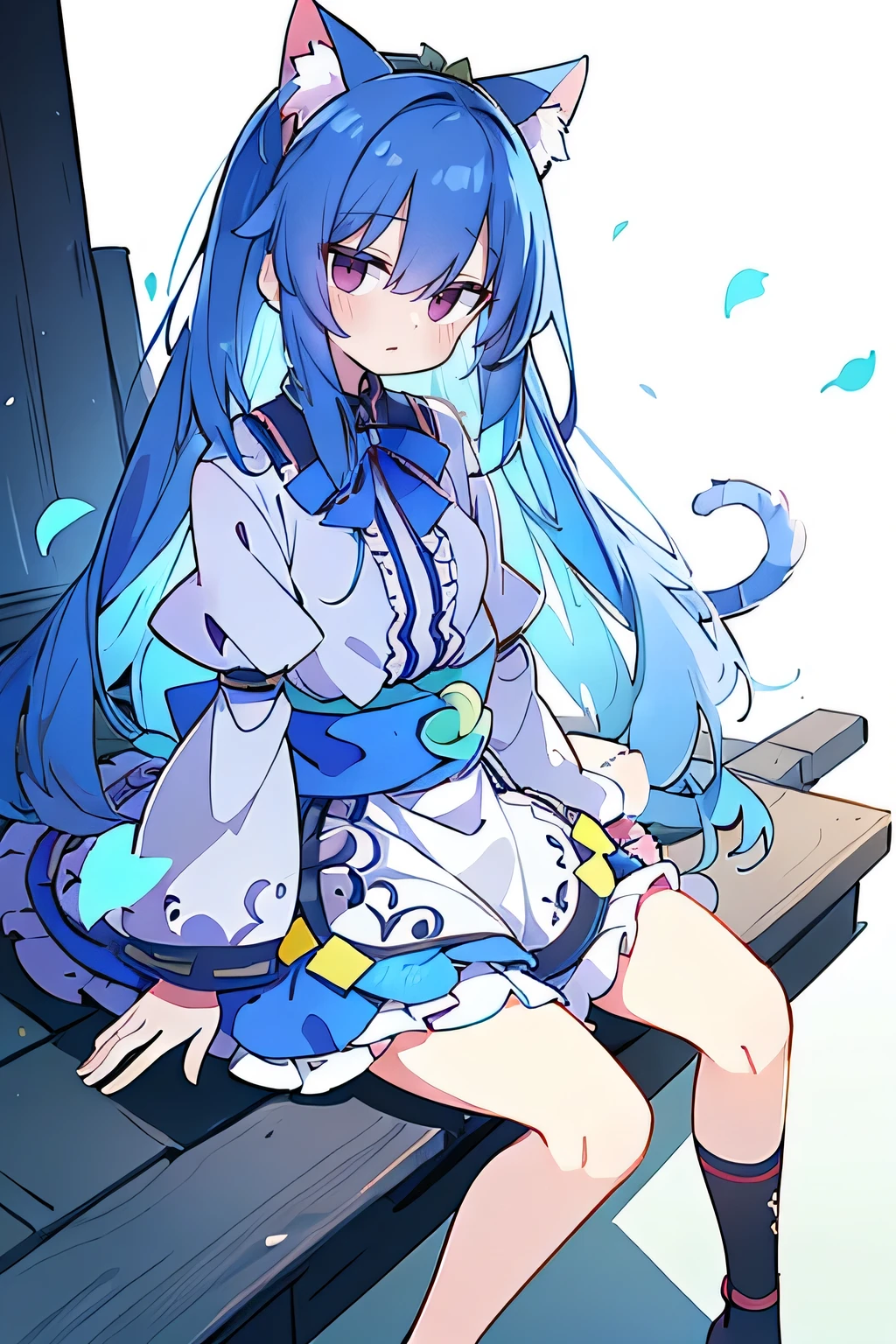 (masterpiece:1.2),ultra-detailed,realistic,expressive eyes,fair-skinned,perfectly shaped face,1girl,
Japanese cartoons,Gorgeous blue hair, flowing blue hair,floating clothes,cat ears,petals falling,beautiful Lola,Hina Angel,
hands on waist,gracefully sitting on the ground,legs crossed,gentle and serene background,cool and comfortable pavilion.