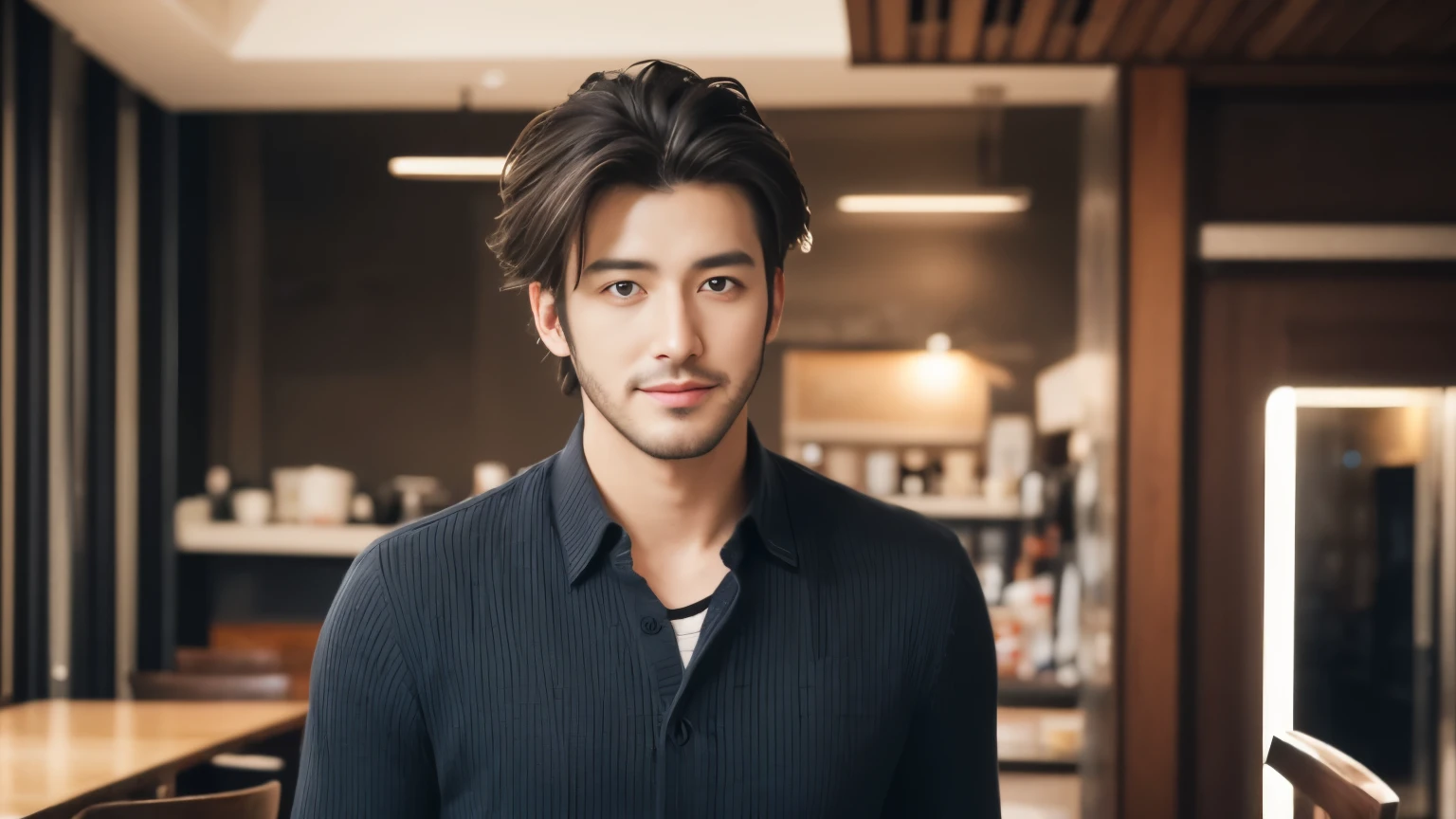 musician、A refreshing, handsome man in his 30s、(Super cool S-class boys)、Japanese male, 30 years old、、Inside a stylish cafeで撮影、a handsome guy、(CG Unity 8K high resolution photo)、(Very detailedSクラスのa handsome guy性)、(Photorealistic)、(highest quality))、Very detailed、super high quality、expensive、Audience、kind person、Very beautiful hair Perm Hair、Bright photo、Handsome like a model、Handsome like an idol、looking at the camera、Inside a stylish cafe、Stubble、Slim and muscular