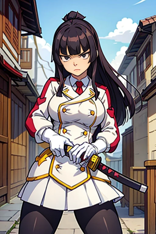  1girl, solo, Kagura_Mikazuchi, skirt, large breasts, gloves, jacket, jacket, pantyhose, pleated skirt, white gloves, miniskirt, blunt bangs, uniform, black pantyhose, military, military uniform, buttons, frown, white jacket, white skirt, serious, hime cut, double-breasted. Holding traditional samurai katana sword. Her gaze is both alluring and fierce, as she holds the sword with a delicate yet deadly grip.