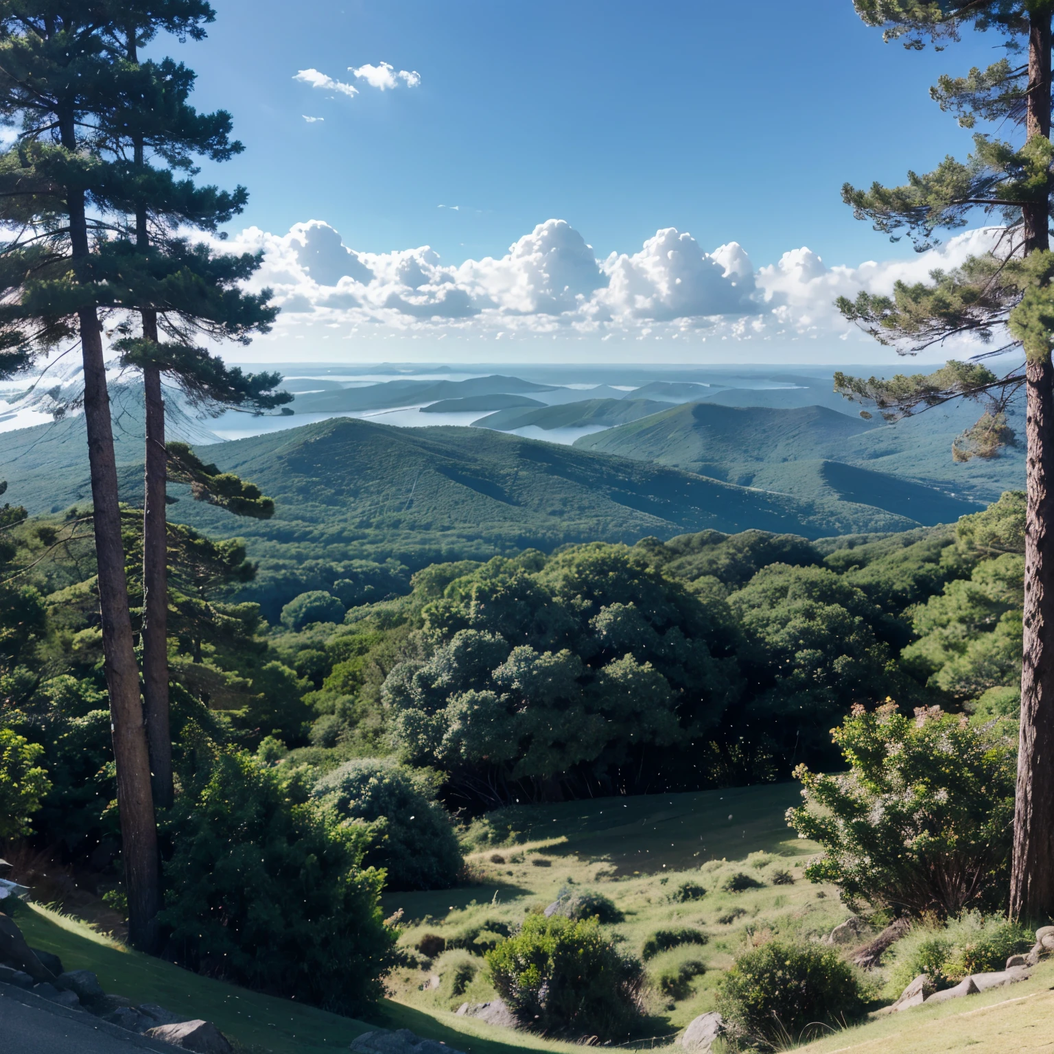 A mountain cover with trees and surrounded by ocean in anime style 