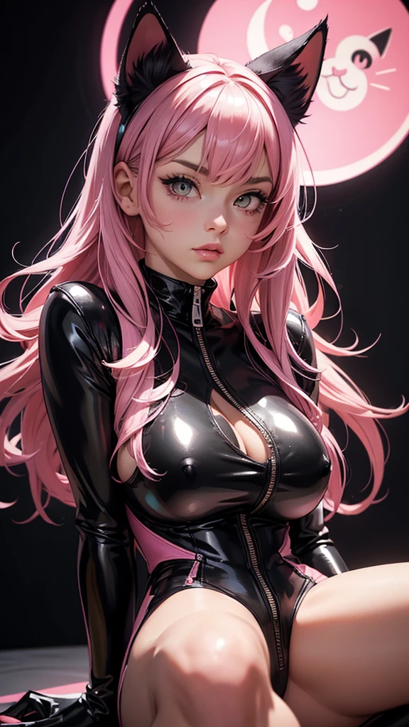 (high resolution, upper body, soft skin:1.2),(best illustration,masterpiece:1.2),ultra-detailed,[(cat ears,black fur,pink inside:1.2),vivid colors,sharp focus,portrait,studio lighting,bokeh, wearing a pink latex jumpsuit  to the , latex boots, full body portrait, leaning forward