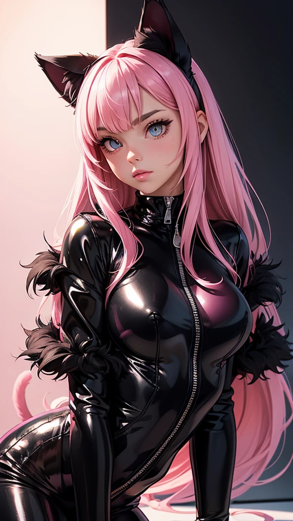 (high resolution, upper body, soft skin:1.2),(best illustration,masterpiece:1.2),ultra-detailed,[(cat ears,black fur,pink inside:1.2),vivid colors,sharp focus,portrait,studio lighting,bokeh, wearing a pink latex jumpsuit unzip to the chest, latex boots, full body portrait, leaning forward