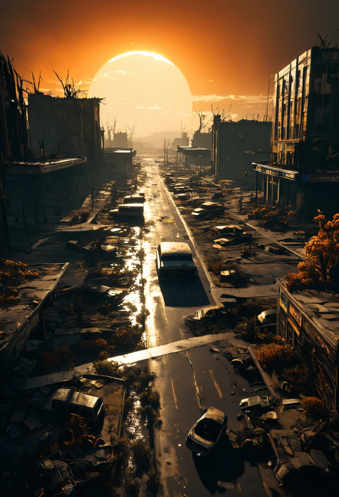 EdobHorrorLandscape, In a desolate and barren post-apocalyptic wasteland, depict the haunting remains of a once bustling metropolis. Capture the eerie emptiness and the desolation with realistic and detailed textures and structures. Lighting should emphasize the mood and highlight the decaying buildings and overgrown vegetation. Use muted colors to convey a sense of hopelessness and abandonment. The ruins of cars, billboards, and street signs should be scattered throughout the scene, hinting at the chaos and destruction that once overwhelmed this world. In the distance, the sun sets, casting long shadows and bathing the scene in an orange glow. The stillness and quietness of the wasteland should be palpable, as if the world holds its breath, waiting for the next cataclysm to strike.