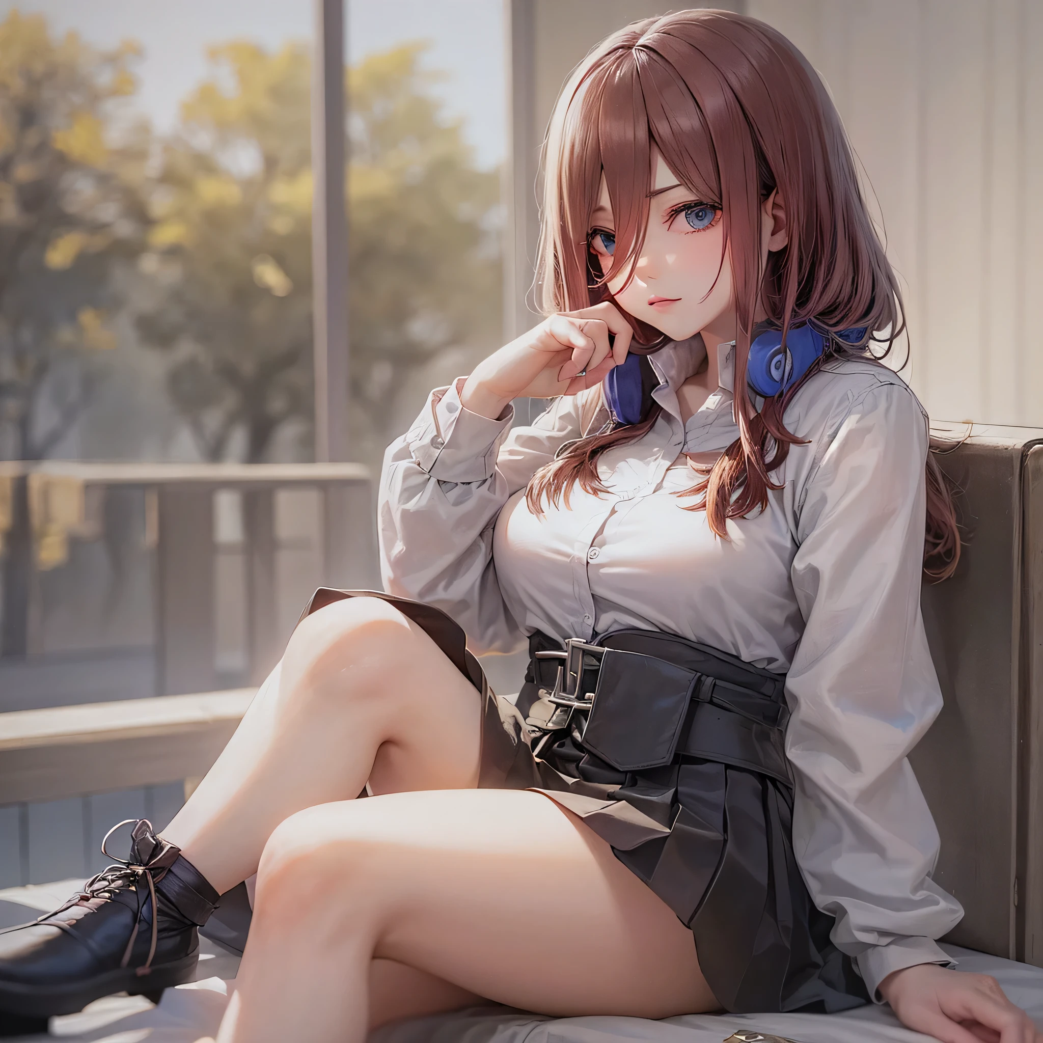 (best quality:1.2,masterpiece:1.2),solely,1girl,Miku Nakano,serious,closed mouth,looking at the viewer,hand on face,sitting,crossed legs,button-up shirt,tied-up skirt,stockings,thick thighs,big breasts