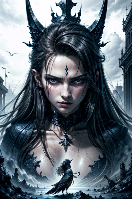 a sexy zombie woman emerging from a gothic style coffin, pale skin, sunken eyes, long black hair, tattered black dress, gothic style tomb, crumbling stone walls, cobwebs, dim lighting, (best quality,4k,8k,highres,masterpiece:1.2),ultra-detailed,(realistic,photorealistic,photo-realistic:1.37),dark fantasy,horror,dramatic lighting,moody atmosphere