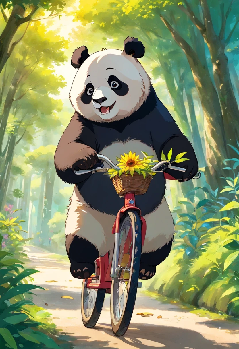 um panda rosa, with bright eyes and excited expression, sentado no selim de uma bicicleta colorida. The panda holds the handlebars tightly with his furry paws as he pedals enthusiastically. Its round ears gently sway with movement, and a band of soft, vibrant colors wraps around your neck, giving an even more extravagant touch to your appearance. Ao fundo, there is a lush nature setting, with green trees and a blue sky dotted with fluffy clouds. O sol brilha suavemente, creating golden reflections on tree leaves and flower petals. The panda pedals with determination, conveying a sense of joy and adventure while enjoying your bike ride
