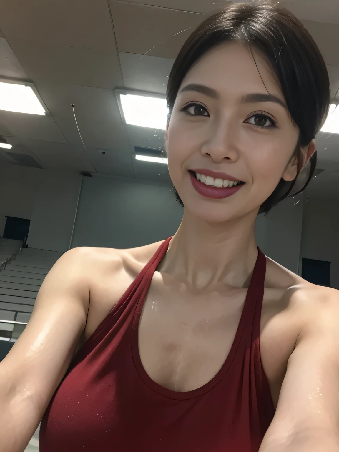 One Mature Woman、38 years old、Japanese,Looking at the audience,(Wear a sports bra）、（With uniform number）、(Standing on the grounds of a soccer field), Shining Face,Shiny skin,Shortcuts,Black Hair,Red Mouth,clavicle,Beautiful fingers,Full body portrait,  short hair, Bobcut, 8k, Super Detail, highest quality, Sweaty skin, Anatomically correct, masterpiece , highest quality,  Use perspective throughout , Surrealism , ,(Realistic:1. 3),(RAW Photos) , Black Hair, light smile, short hair, Bobcut, Anaglyph, Stereogram, (Mature Woman:1), (38 years old), ((close:0.5)), Glare, double eyelid, Lip gloss, (smile:1), ((close your eyes:0.85)), Red Mouth, clavicle, ((View your viewers)), (short hair of reddish-brown color wet and shiny,), (The whole body is visible) , Slightly thick body type , Wide-eyed , Perfect round eyes , Fine texture 、（Beautiful teeth alignment）、（smile：1.3）,Japanese,big breasts,Big Ass,G-cup breasts,Beautiful fingers,highlight big breasts