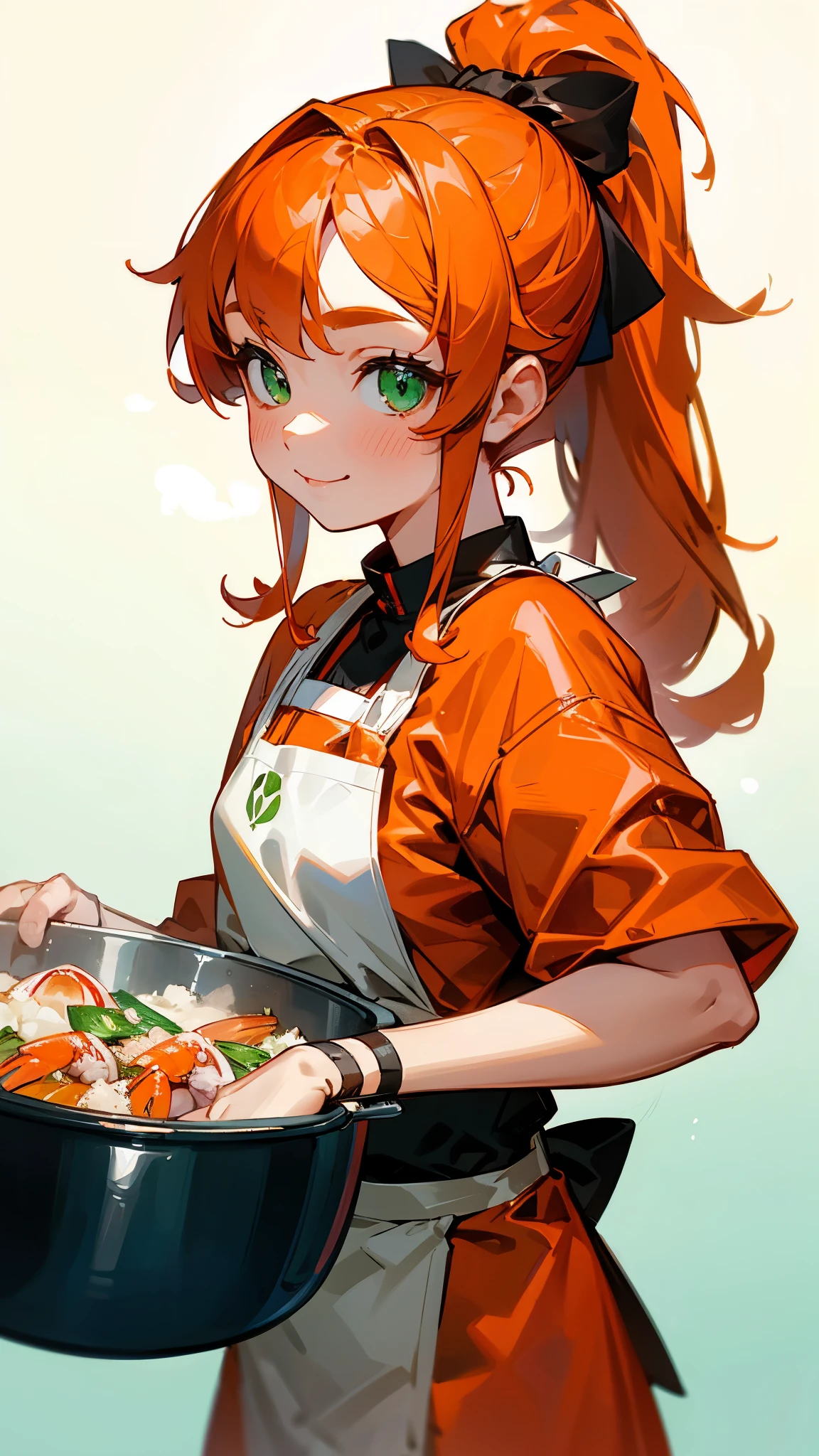 15-year-old girl、Cute shrimp girl、Cook delicious food in the kitchen、Orange Hair、ponytail、beautiful green eyes、From the side、apron、Beautiful smile、Upper body close-up