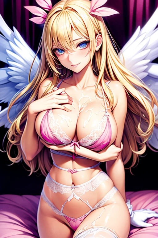 blonde hair, , blue eyes, angel wings, white wings, sexy, large breasts, sexy, beautiful body, masterpiece, smile, (((hot pink lingerie))), hotel bedroom,Sexual Intercourse, (cum in pussy),(breast milk)