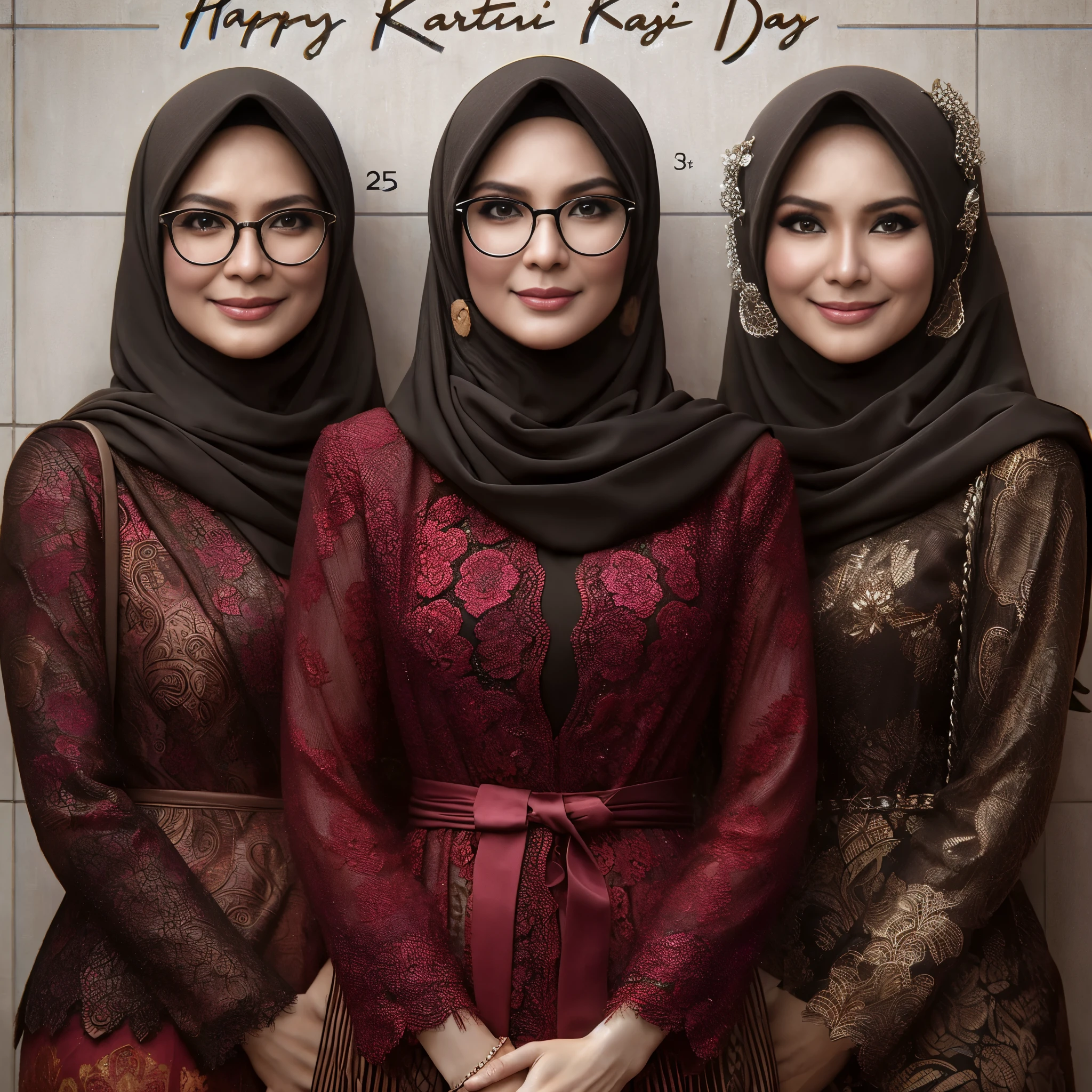 three women in hijabs are standing in front of a wall, iray, inspired by Rudy Siswanto, inspired by Basuki Abdullah, potrait, hijab, sakimi, (digital art), by Abidin Dino, high quality portrait, by Basuki Abdullah, malaysian, inspired by Nazmi Ziya Güran, by Rudy Siswanto