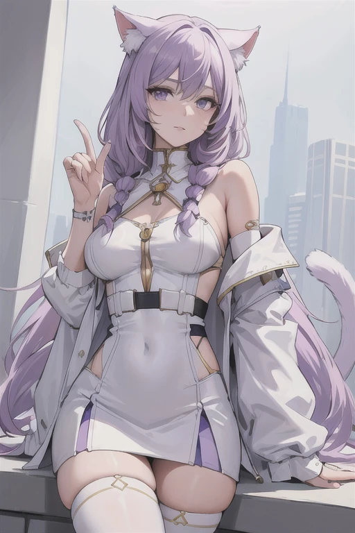 (masterpiece:1.2, best quality), 1lady, solo, day, stand, lilachair, longwavyhair, lilac eyes, white aesthetic outfit, tanskin, cat ears