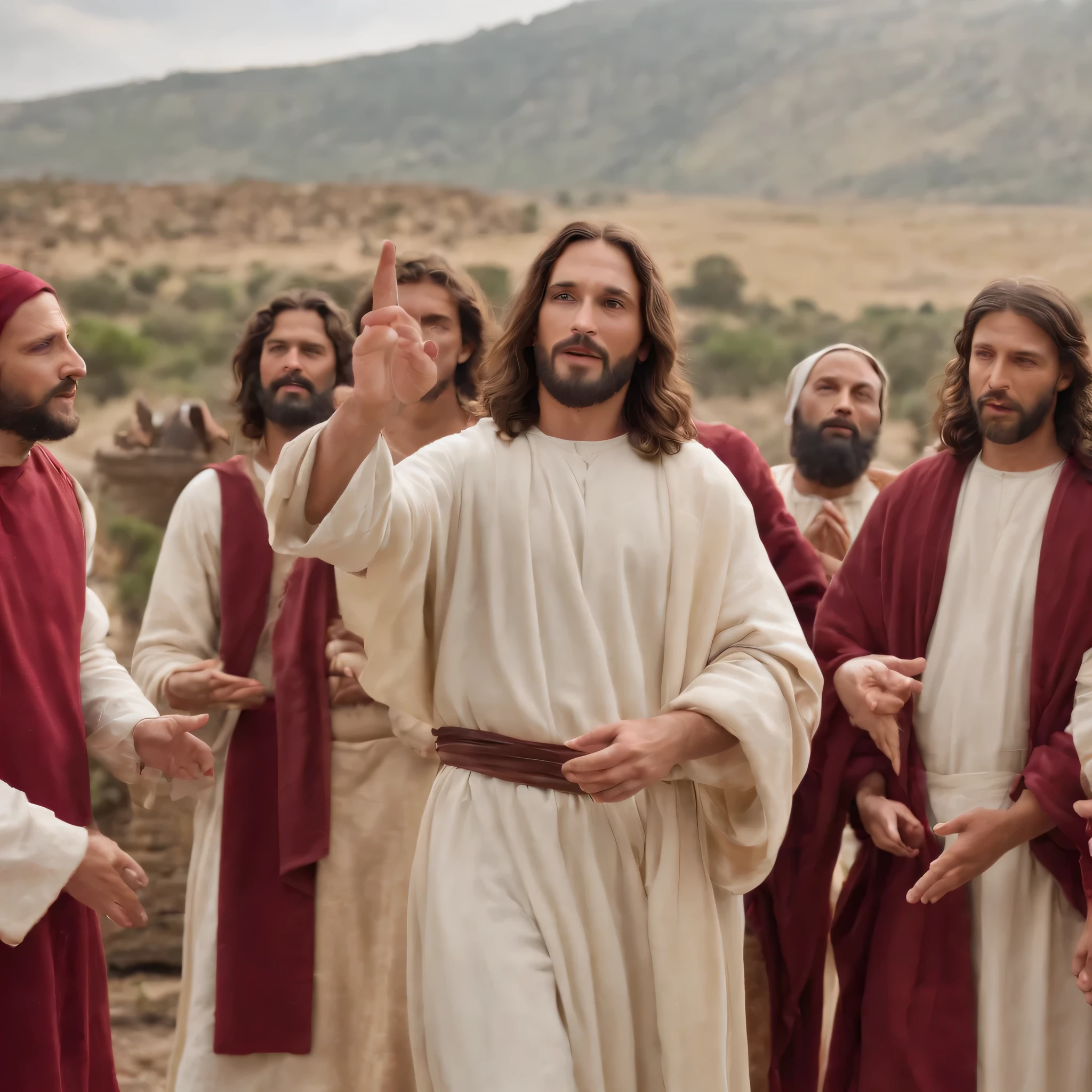 Imagine a vibrant and lively biblical scene where Jesus, surrounded by his apostles, performs a powerful miracle. The colors are rich and deep, reflecting both the serenity of Jesus and the awe of those around him. The expressions on the apostles' faces range from astonishment to deep faith, while Jesus radiates an aura of calmness and spiritual power. The surrounding landscapes are beautifully detailed, adding a dimension of realism and majesty to this iconic religious scene.