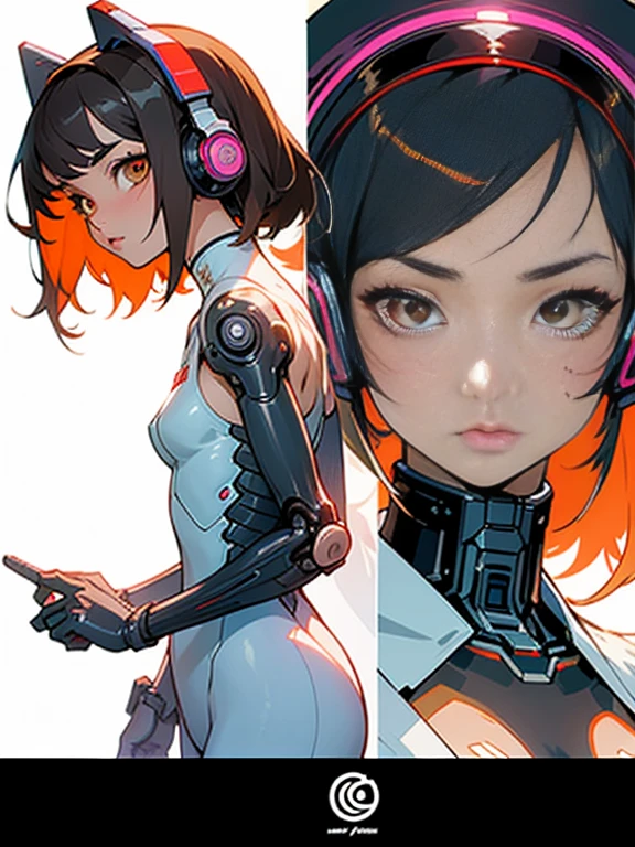 ((highest quality)), ((masterpiece)), ((Realistic)),((Cinema lighting)),blade runner worldview,angle from the front,((looking at viewer)),High Contrast, 19 year old Japanese female model,((Beautiful female replicant)), Medium Hair,Headphones,(Red Neon),((Computer circuit board background)), ((笑face,)),((非常にdetailedな目)),Very detailed glowing eyes, ((thin)) ,Bodysuits, ( White one piece swimsuit ) ((sexy )) ,Slender figure,textured pixie haircut (((detailedなキャラクターシート, Front view, ~ side面図, 3/4 Views))) (((cyber punkの背景))) Six and a half whole bodies,4K,UltraSharp,Multiple Views of the same character,Charterner v2, One girl, Slender figure, (Headphones),Brown Hair, Long Hair, Orange eyes, Same clothes, Concept Art, detailed_face, line_sketch, plan, Official Art, Official Alternative Costumes, Design style, multi style, detailed character, 4_~ side, original, 8K GC, massive detailed, Multiple Views of the same character, character, technical illustration, Multiple Views,masterpiece,highest quality(masterpiece, highest quality), 32k,(非常にdetailedな美しい女性), Future Anime,The ultimate map,highlight,Headphones,Very detailed glowing eyes,Cleavage,Complex patterns,Stylish hairstyle,fluorescence((White clothes)),cyber punk