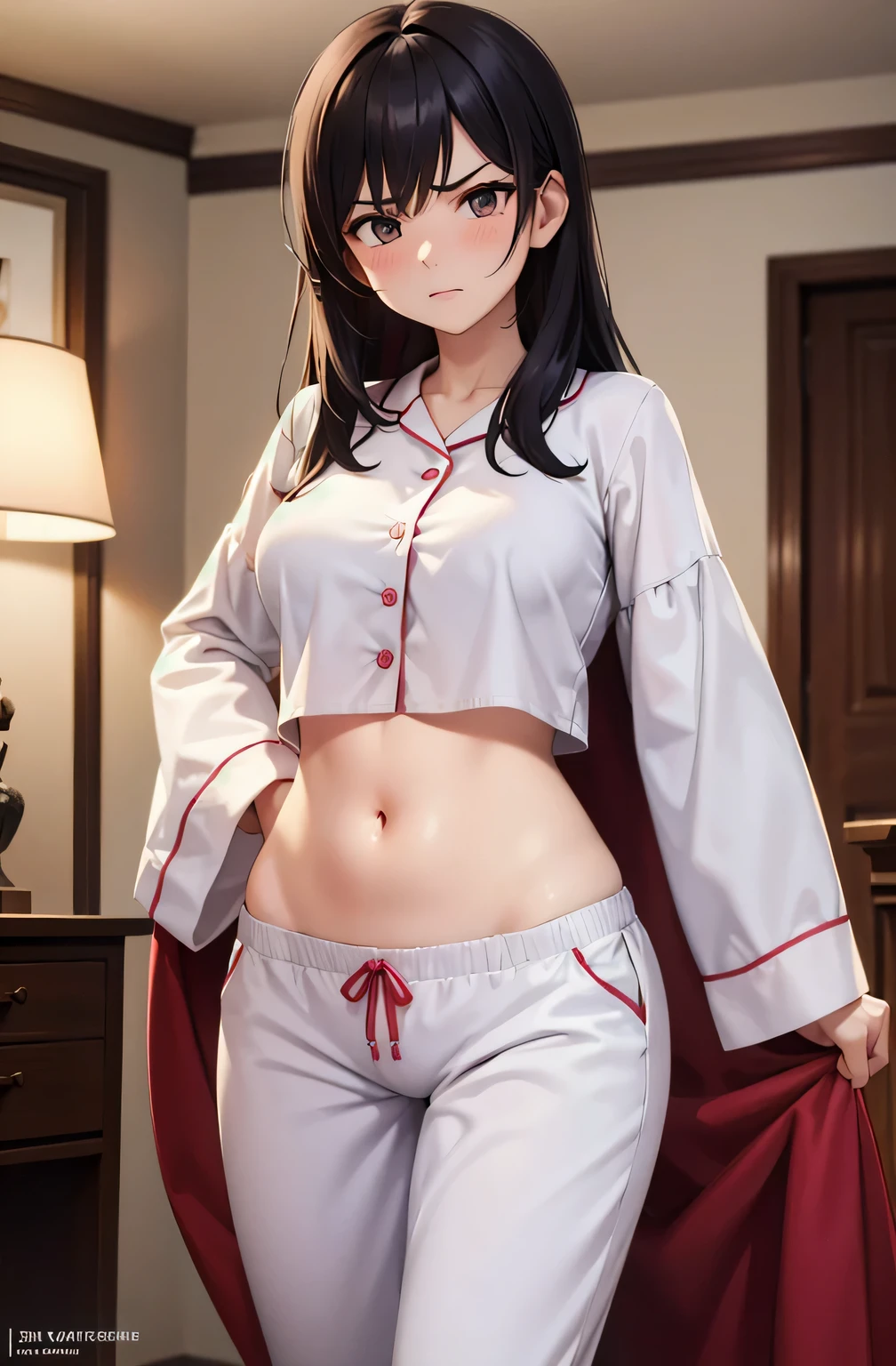 super fine illustration, vibrant colors, masterpiece, sharp focus, best quality, depth of field, cinematic lighting, ultra detailed, sleeves, crop top, pajamas, button up, pajama pants, drawstring, belly button, wide hips, 1 woman, home, solo, milf, very messy hair, dark color hair, long hair, slender, blush, room, indoors, angry, mature female, tall woman, looking down