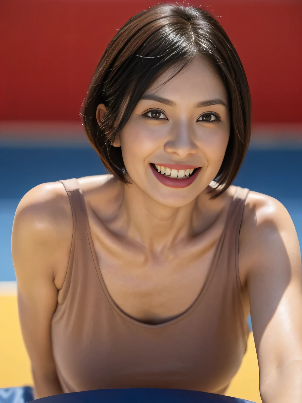 One Mature Woman、38 years old、Japanese,Looking at the audience,(Wear a sports bra）、（With uniform number）、(Standing on the grounds of a soccer field), Shining Face,Shiny skin,Shortcuts,Black Hair,Red Mouth,clavicle,Beautiful fingers,Full body portrait,  short hair, Bobcut, 8k, Super Detail, highest quality, Sweaty skin, Anatomically correct, masterpiece , highest quality,  Use perspective throughout , Surrealism , ,(Realistic:1. 3),(RAW Photos) , Black Hair, light smile, short hair, Bobcut, Anaglyph, Stereogram, (Mature Woman:1), (38 years old), ((close:0.5)), Glare, double eyelid, Lip gloss, (smile:1), ((close your eyes:0.85)), Red Mouth, clavicle, ((View your viewers)), (short hair of reddish-brown color wet and shiny,), (The whole body is visible) , Slightly thick body type , Wide-eyed , Perfect round eyes , Fine texture 、（Beautiful teeth alignment）、（smile：1.3）,Japanese,big breasts,Big Ass,G-cup breasts,Beautiful fingers,highlight big breasts,sexy