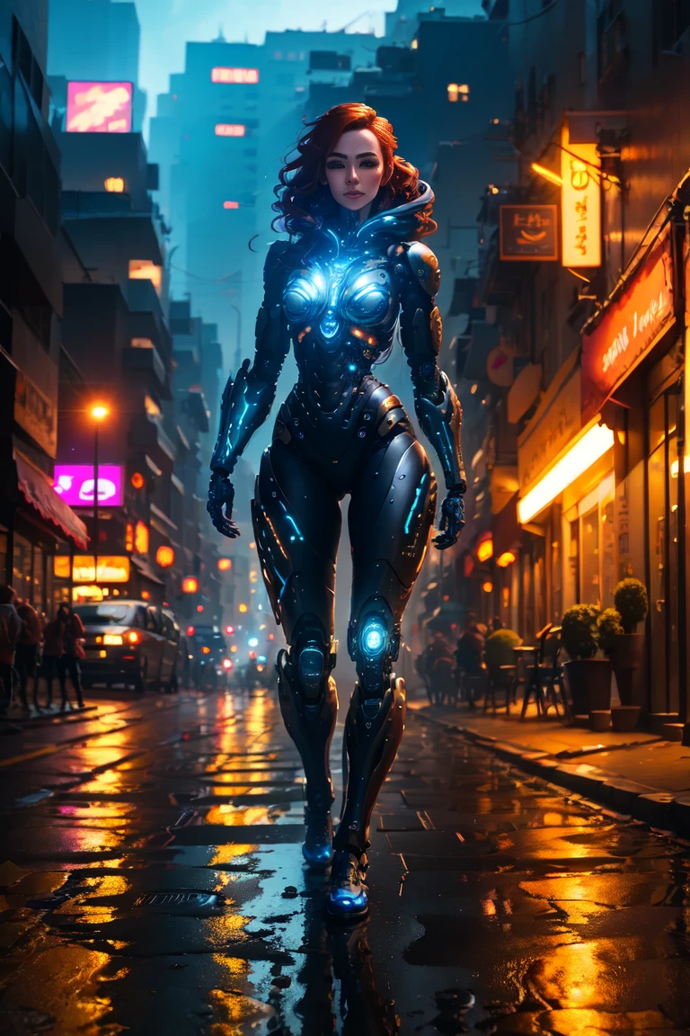 female cyborg walking in the street, french braid, red hair, longeyelashes, amber eyes, light smile, parted lips, cinematic lighting, reflection light, bokeh, Canon, UHD, high quality, high details, textured skin, anatomically correct, (hyper detailed, hyper realistic, Soft lighting, spicy:1.2), beautiful figure, Magnificent Anatomy, (complex part, Hyper detailed:1.15), masterpiece, highres, best quality, award winning, 4K, 8k