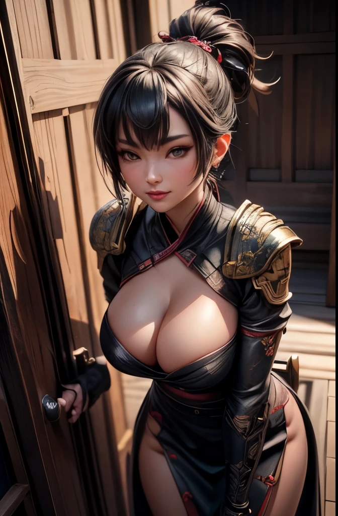 Beautiful kunoichi ready for battle wearing intricate white Ninja armor,, lounging in the doorway, (katana on hand),trending on artstation, Sharp focus,, Intricate details, Highly detailed, playful smile, parted lips, full lips, intricate face details, laughing at the viewer, Curvy physique, (Slim body), model in Japan，((Sexual suggestiveness))， at the palace，vibrant, 4K, Intricate details, big breasts, enchanting, Professional manufacturing, 12k resolution,。.3D, full body shot, Highly detailed, vibrant, Ultra high quality, hyper photorealism, Photorealism, rendering by octane], seductive standing pose, whole body in frame, view from above
