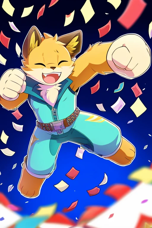 fennix, jumping, fist in air, clenched fists, eyes closed, mouth open, smiling, raised eyebrows, confetti everywhere,