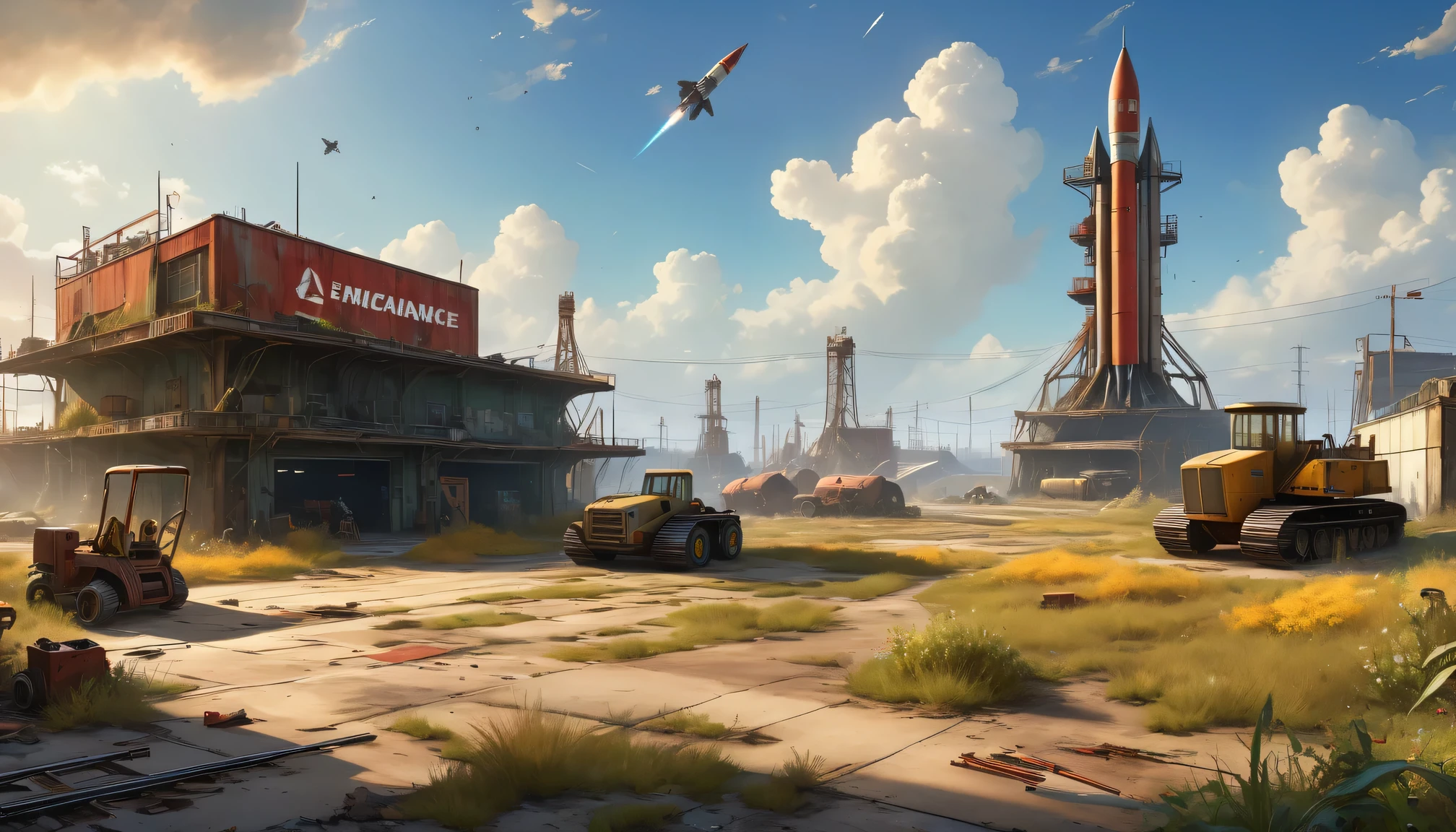 (a detailed scene, highres, HDR, vibrant colors), a rocket maintenance yard from "Fallout 4", with (mechanics working on engines:1.2), (gritty and worn-out machinery:1.1), (smoke billowing from exhaust pipes), (crane lifting a rocket engine), (toolboxes and spare parts scattered around), (worn-out posters of space exploration:1.1), (scorch marks on the ground), (sunlight piercing through the clouds), (abandoned nuclear missile silos in the background:0.9), (dusty atmosphere with particles floating in the air), (heavy machinery tracks on the ground), (an open toolbox with wrenches and screwdrivers), (a supervisor overseeing the repairs), (a rusty sign displaying "Rocket Maintenance Yard"), (overgrown grass and weeds in cracks on the pavement), (an old launchpad with fading paint), (mechanical noises and clanging tools), (a sense of post-apocalyptic setting), (a sense of excitement and anticipation).