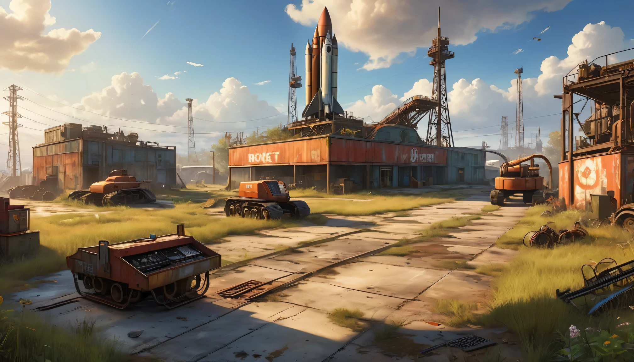 (a detailed scene, highres, HDR, vibrant colors), a rocket maintenance yard from "Fallout 4", with (mechanics working on engines:1.2), (gritty and worn-out machinery:1.1), (smoke billowing from exhaust pipes), (crane lifting a rocket engine), (toolboxes and spare parts scattered around), (worn-out posters of space exploration:1.1), (scorch marks on the ground), (sunlight piercing through the clouds), (abandoned nuclear missile silos in the background:0.9), (dusty atmosphere with particles floating in the air), (heavy machinery tracks on the ground), (an open toolbox with wrenches and screwdrivers), (a supervisor overseeing the repairs), (a rusty sign displaying "Rocket Maintenance Yard"), (overgrown grass and weeds in cracks on the pavement), (an old launchpad with fading paint), (mechanical noises and clanging tools), (a sense of post-apocalyptic setting), (a sense of excitement and anticipation).