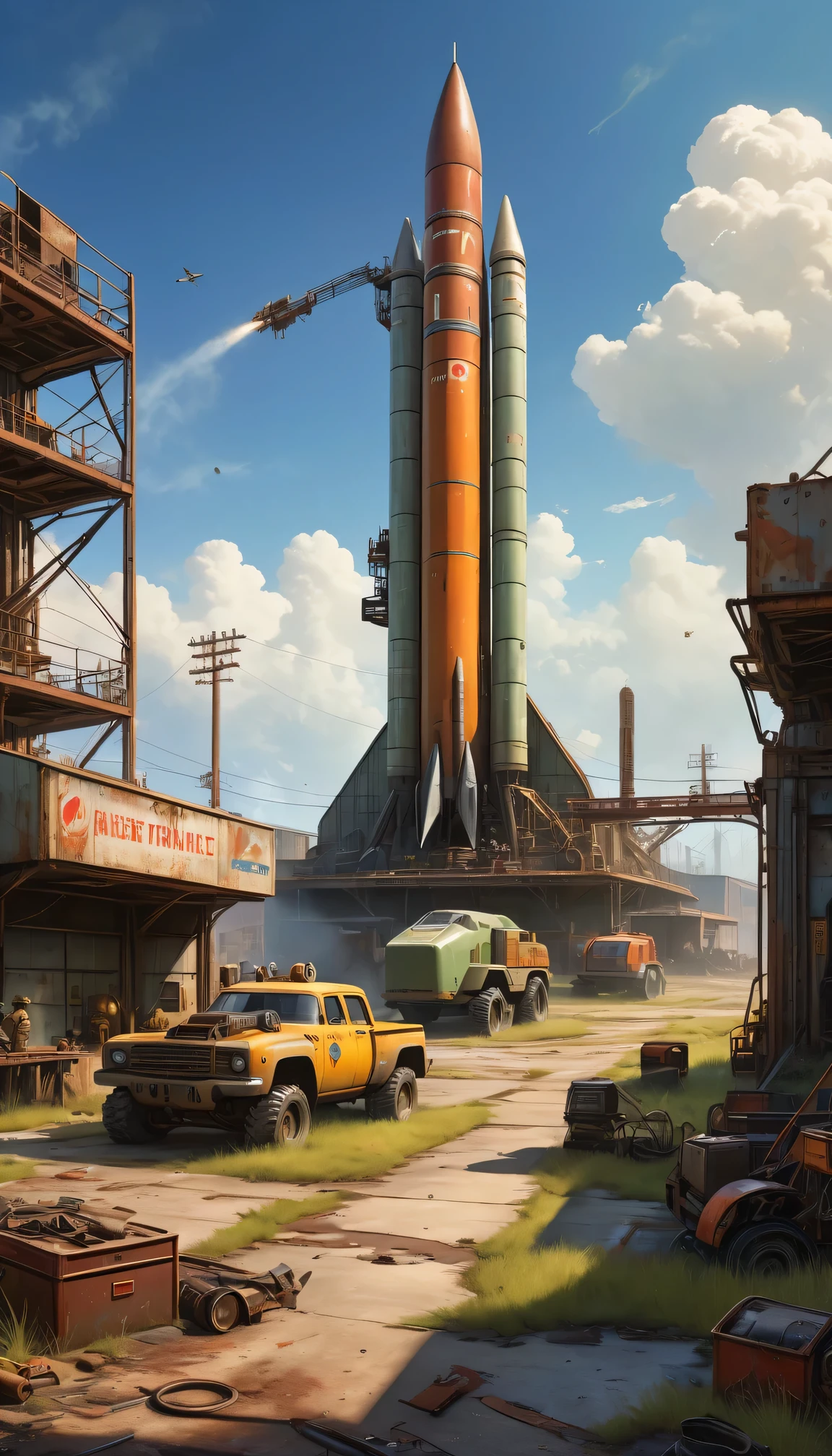 (a detailed scene, highres, HDR, vibrant colors), a rocket maintenance yard from "Fallout 4", with (mechanics working on engines:1.2), (gritty and worn-out machinery:1.1), (smoke billowing from exhaust pipes), (crane lifting a rocket engine), (toolboxes and spare parts scattered around), (worn-out posters of space exploration:1.1), (scorch marks on the ground), (sunlight piercing through the clouds), (abandoned nuclear missile silos in the background:0.9), (dusty atmosphere with particles floating in the air), (heavy machinery tracks on the ground), (an open toolbox with wrenches and screwdrivers), (a supervisor overseeing the repairs), (a rusty sign displaying "Rocket Maintenance Yard"), (overgrown grass and weeds in cracks on the pavement), (an old launchpad with fading paint), (mechanical noises and clanging tools), (a sense of post-apocalyptic setting), (a sense of excitement and anticipation).