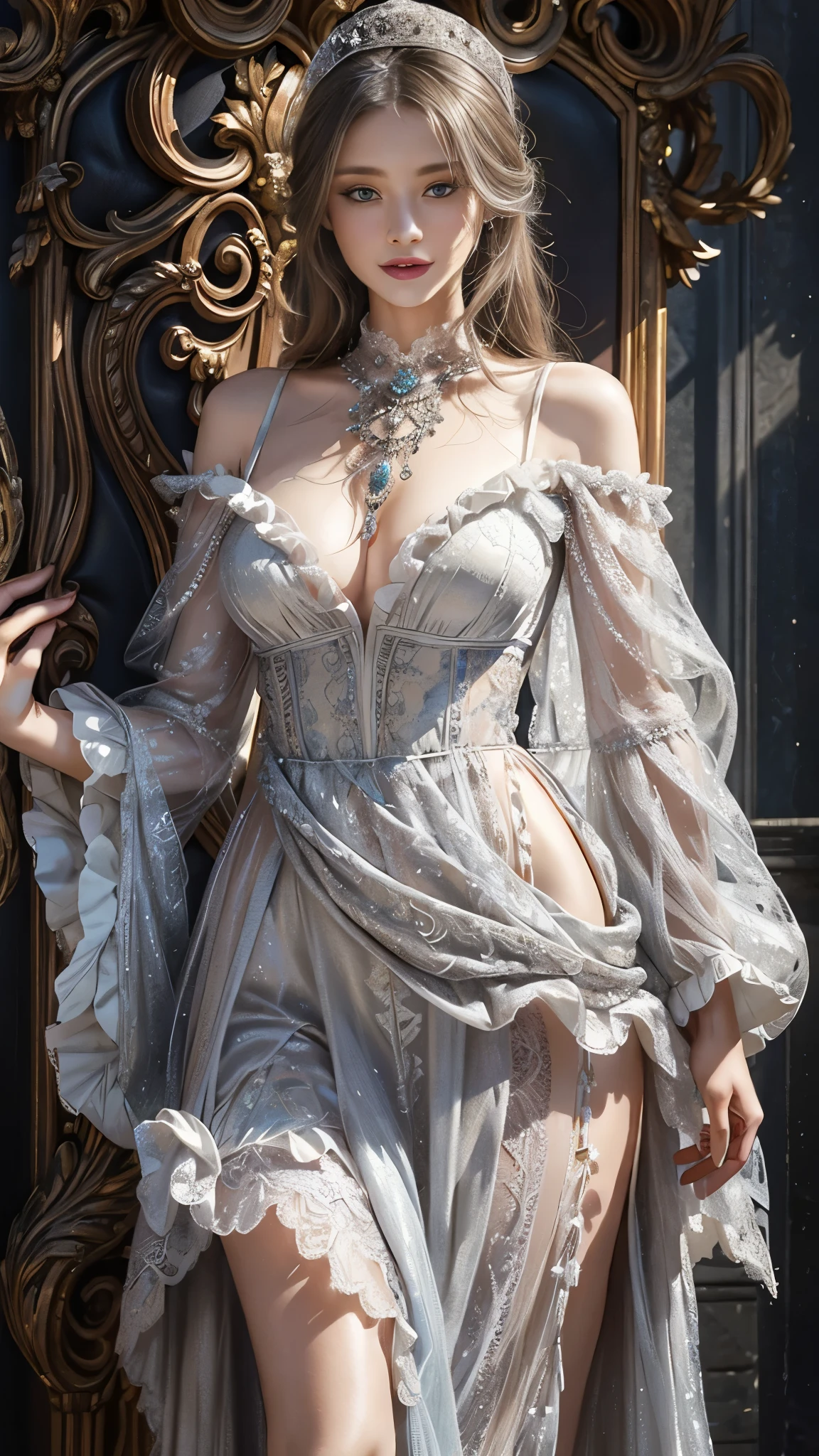 there is a woman in a dress and hat posing for a picture, fantasy outfit, ornate attire, ornate dress, ornate clothing, fantasy dress, rococo dress, intricate outfit, fancy silver dress, scandelous fantasy armor, ornate flowing silvered robes, ornate gown, wearing an ornate outfit, intricate fantasy dress, dressed in a frilly ((lace)), fantasy robe