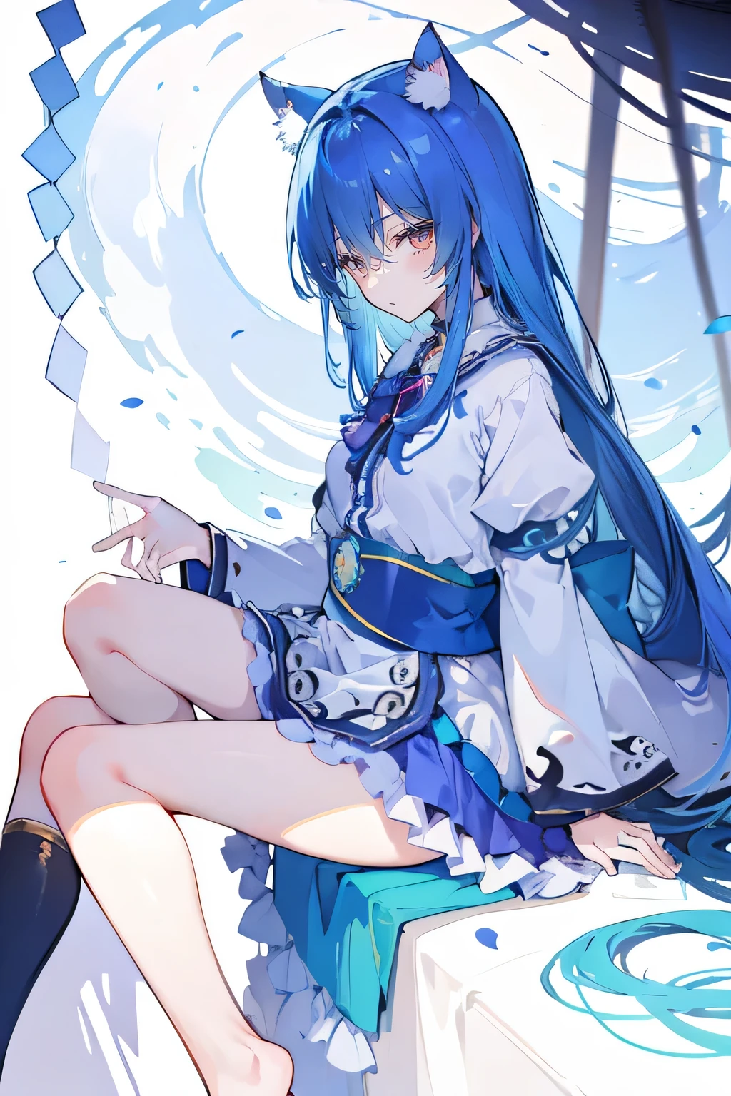 (masterpiece:1.2),ultra-detailed,realistic,expressive eyes,fair-skinned,perfectly shaped face,1girl,
Japanese cartoons,Gorgeous blue hair, flowing blue hair,floating clothes,cat ears,petals falling,beautiful Lola,Hina Angel,
hands on waist,gracefully sitting on the ground,legs crossed,gentle and serene background,cool and comfortable pavilion.